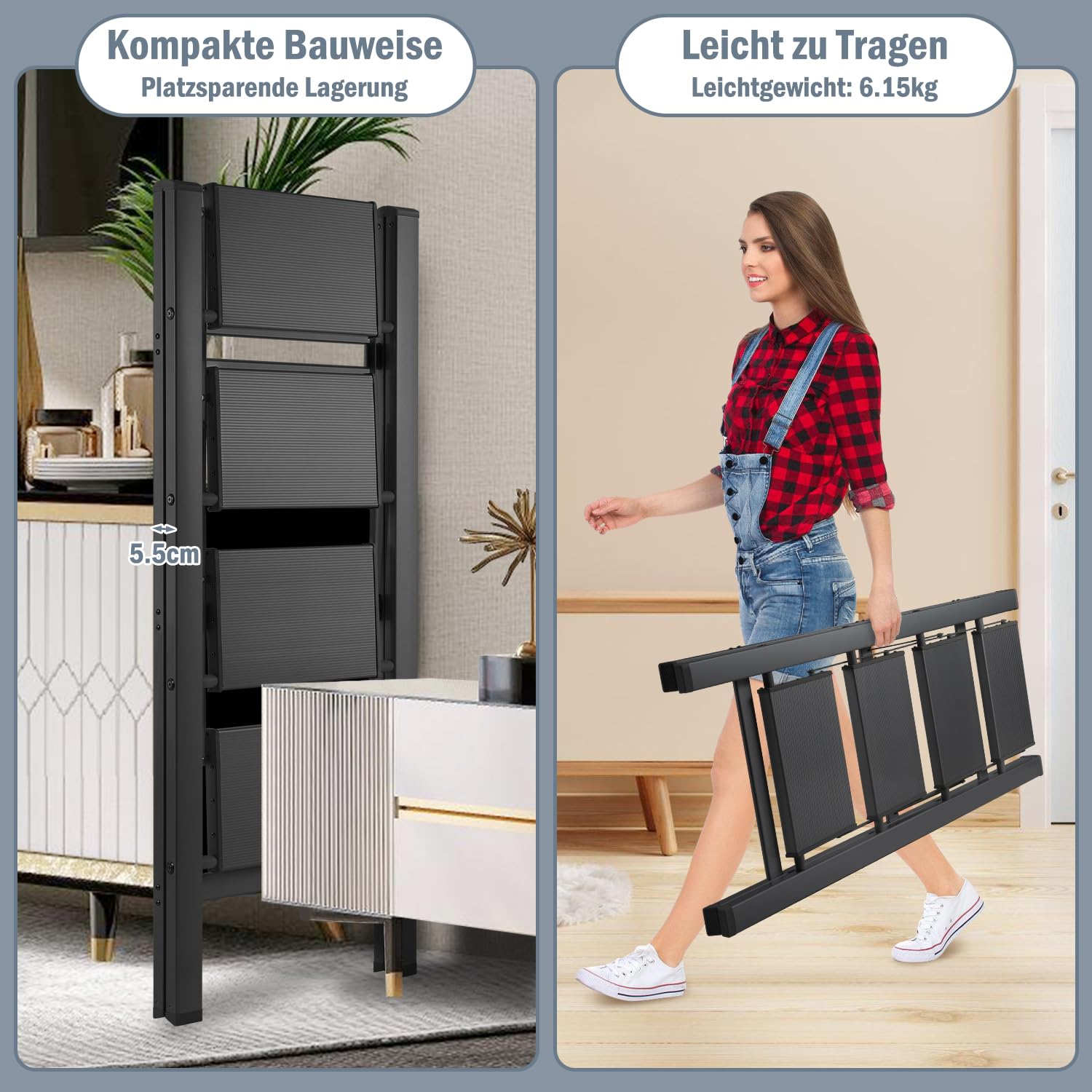 Eulenke Scala pieghevole a 4 gradini, in alluminio, pieghevole, leggera, scaletta a 4 livelli, scala antiscivolo con fusibile pieghevole, scala pieghevole per casa, cucina, portata fino a 150 kg,