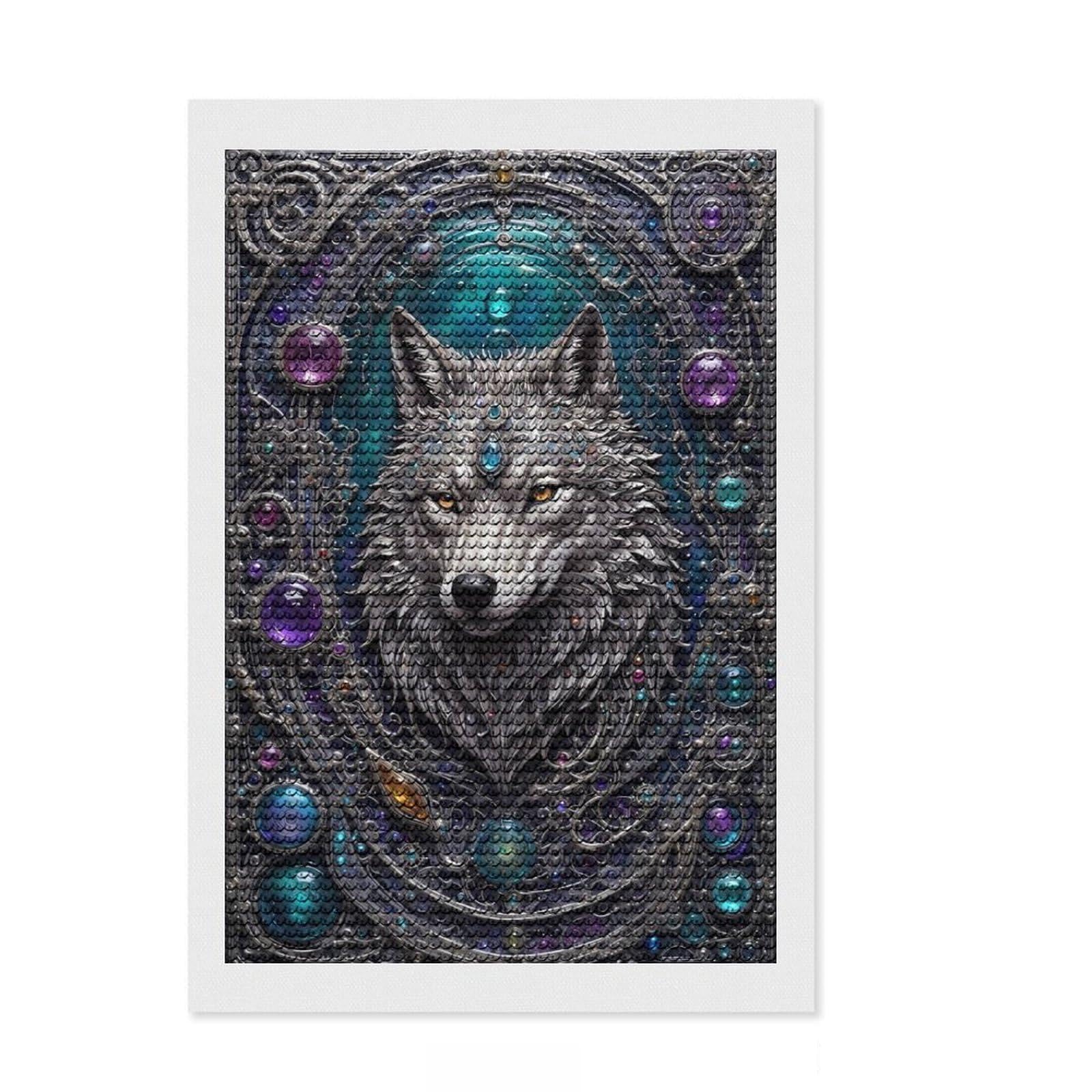 Junmoney Wolf Gem Portrait DIY Diamond Art Canvas Kit 8"x12", Easy to Follow Symbols, Finish and Display, Creative Leisure Activity