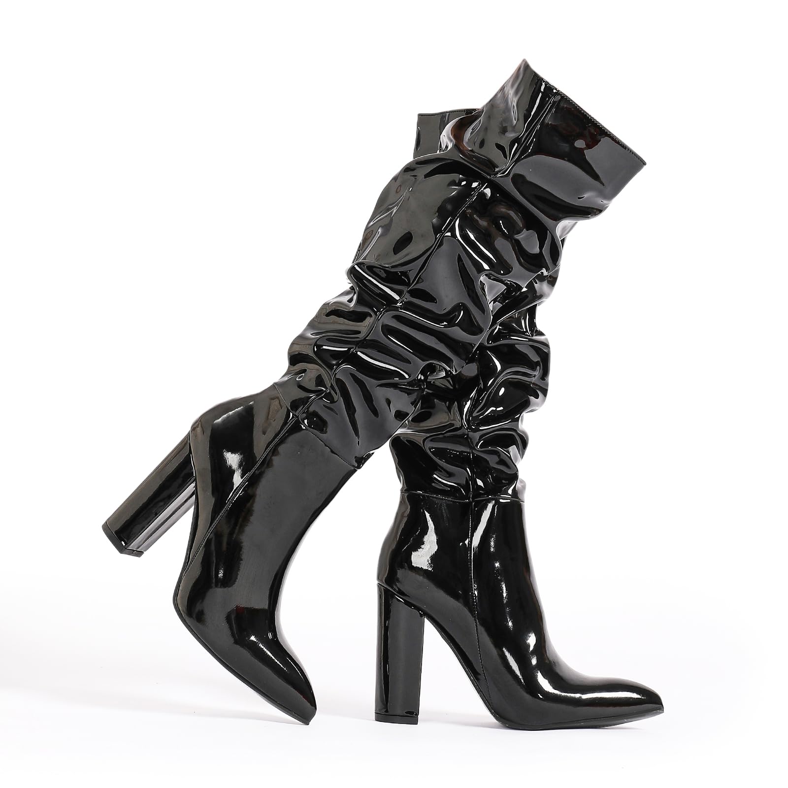 GATUXUS Womens Patent Leather Knee High Boots Chunky Heels Sexy Pointed Toe Pull Up Slouched Long Boots Shoes
