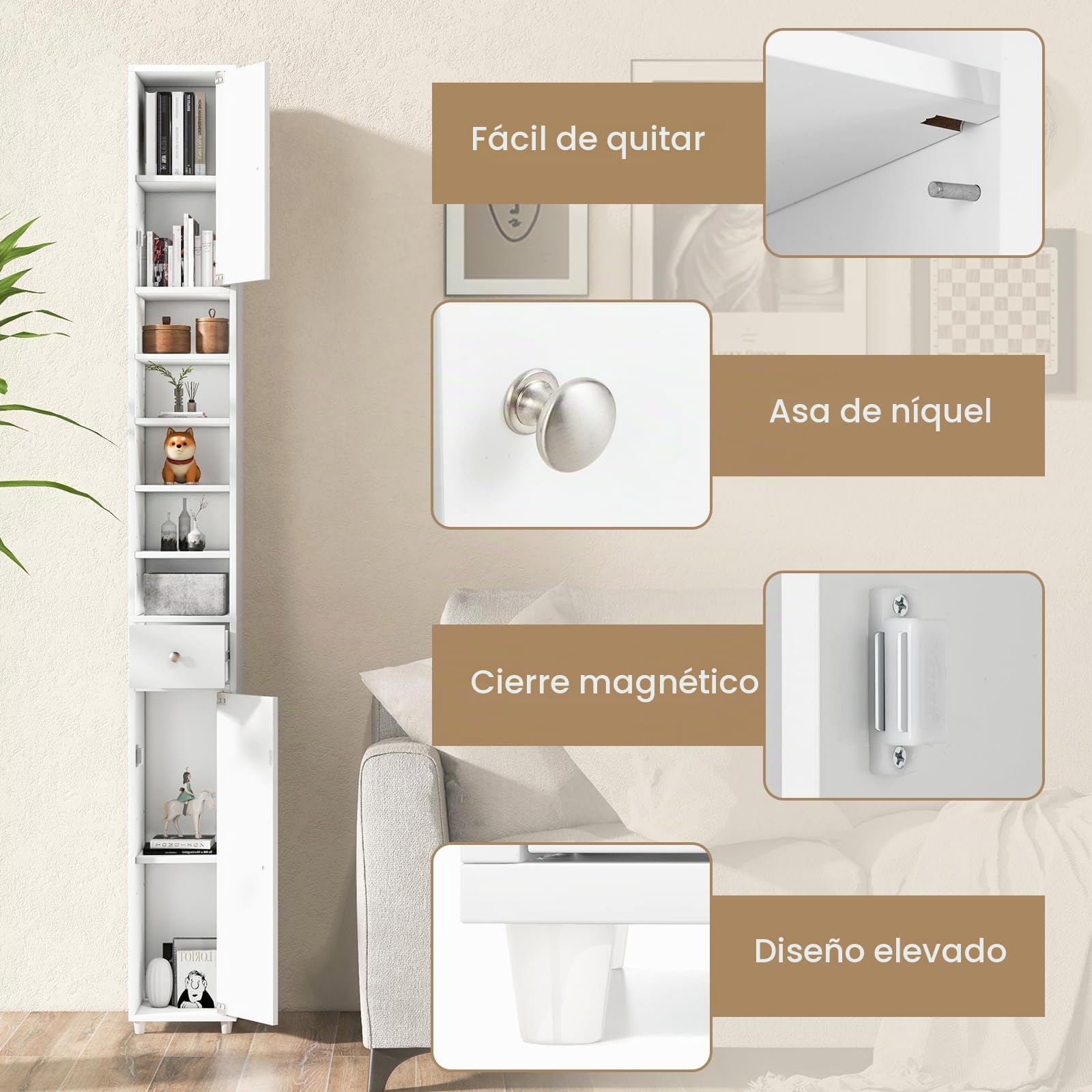 GIANTEX Armario de Baño Alto, Mueble Columna con 2 Puertas, 1 Cajón y Estantes Ajustables Abiertos, 20 x 20 x 180 cm, Mueble Auxiliar Estrecho para Salón, Dormitorio (5 Estantes, Blanco)