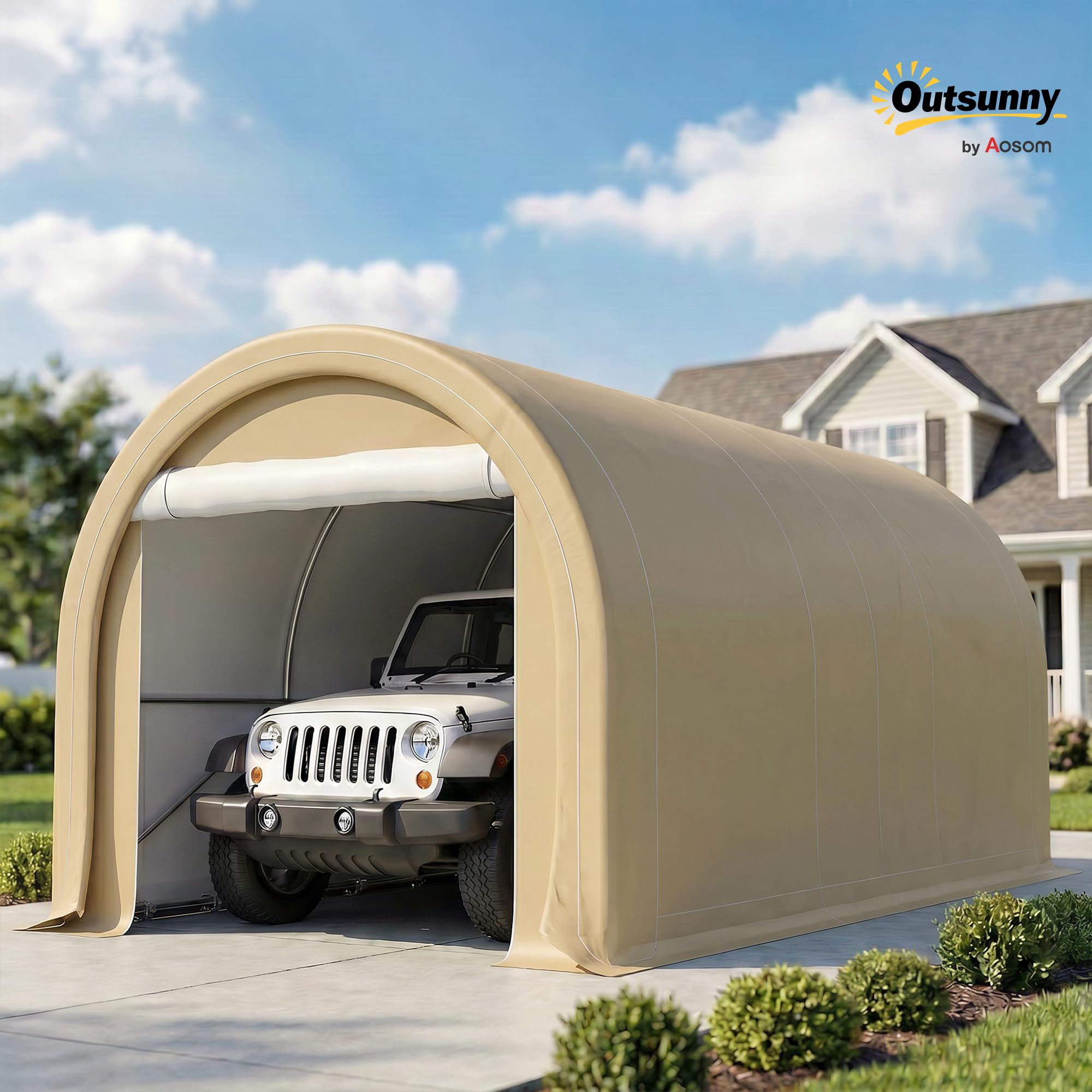 Outsunny Carport Tente de Garage 5 x 3 x 2,4 m, abri Voiture extérieur, Tente de Stockage avec Porte Enroulable zippée, Acier galvanisé, PE Haute densité 190 g/m², Beige