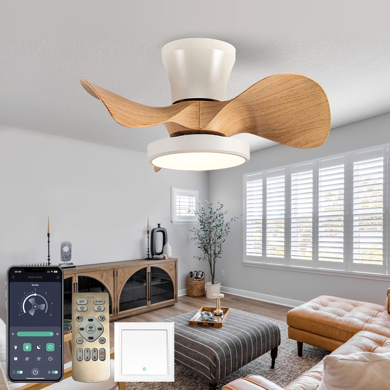 SXDMOUBK Modern Ceiling Fan Light with Timer Reversible Blades 6 Speed DC Dimmable White Woodgrain Chandelier for Living Room & Bedroom