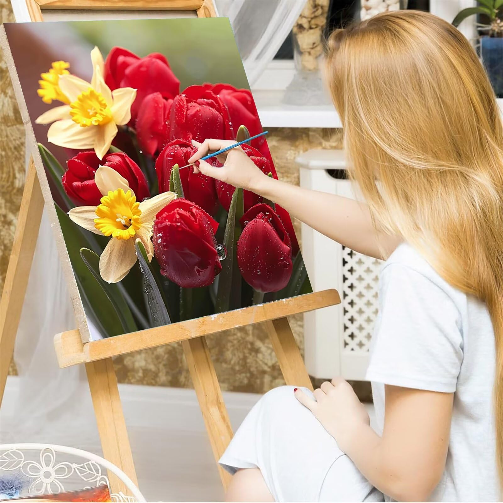 Peepezo Malen nach Zahlen Erwachsene Tulpen Garten DIY Öl Leinwand Gemälde Set für Anfänger & Senior Acrylic Malen Malerei Heimwerk Weihnachten Paar Freund Geschenk 60x80cm (mit Rahmen)