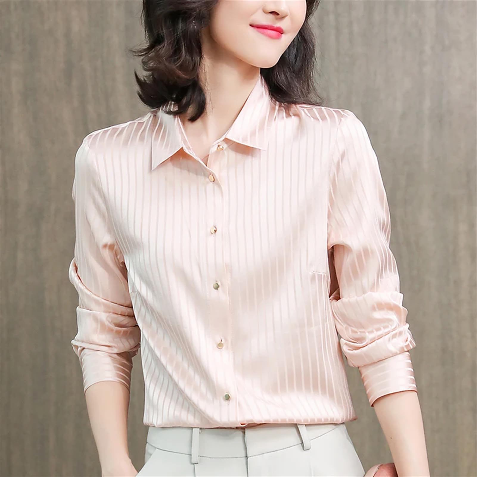 Blusa básica de satén de seda para mujer, cuello vuelto, manga larga, blusa a rayas