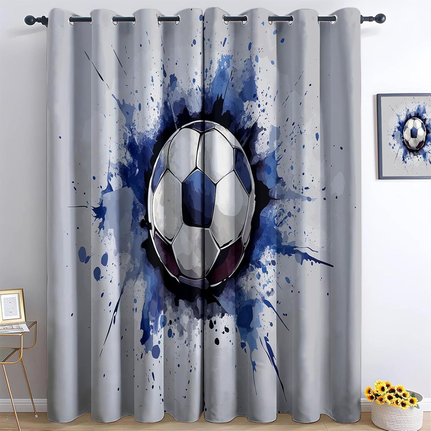Rideaux occultants football aquarelle 140x200 cm thermiques pour chambre lot de 2