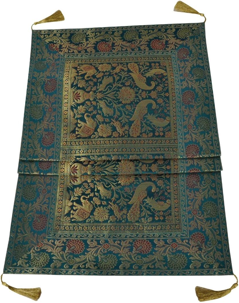 Lalhaveli Peacock & Elephant Design Silk Table Runner Table Decoration Green 16 x 60 Inch