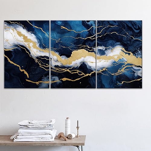 Miniatura 6 de GLOKAKA Lienzo moderno con textura de mármol de 3 paneles, arte para la pared, arte abstracto con impresión en color dorado y azul, obra de arte