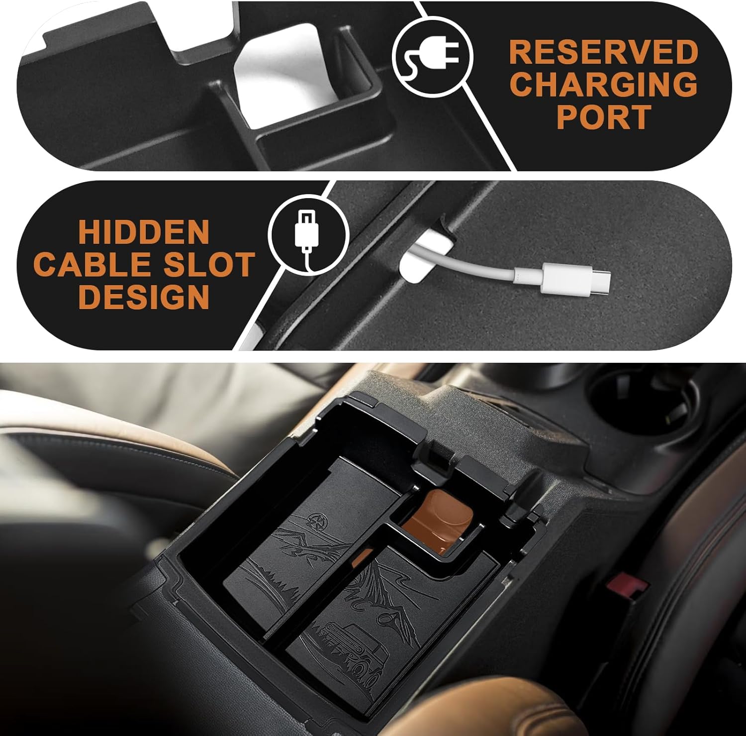 TripleAliners Center Console Organizer Compatible with 2025 2026 Ford Bronco(Not for 2-Door& Manual &Bronco Sport) Accessories Console Storage Box Armrest Tray | Two Layers with Leather Trim (Black)