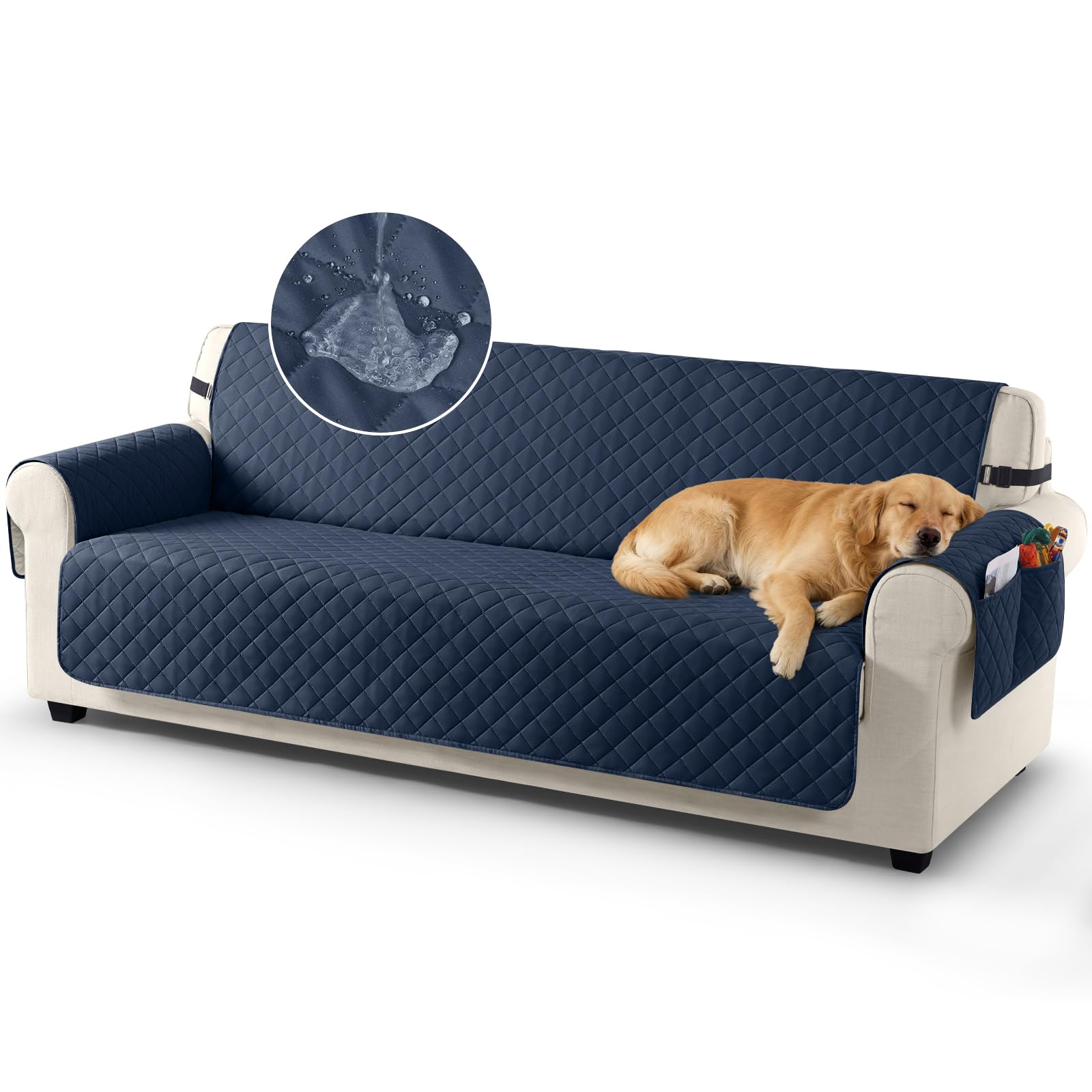TAOCOCO Sofa Protector 100% Waterproof Sofa Covers 4 Seater,Sofa Slipcovers with Storage Pockets,Anti Slip Couch Covers,Washable Settee Covers for Kids/Dogs/Pets(Dark Blue)
