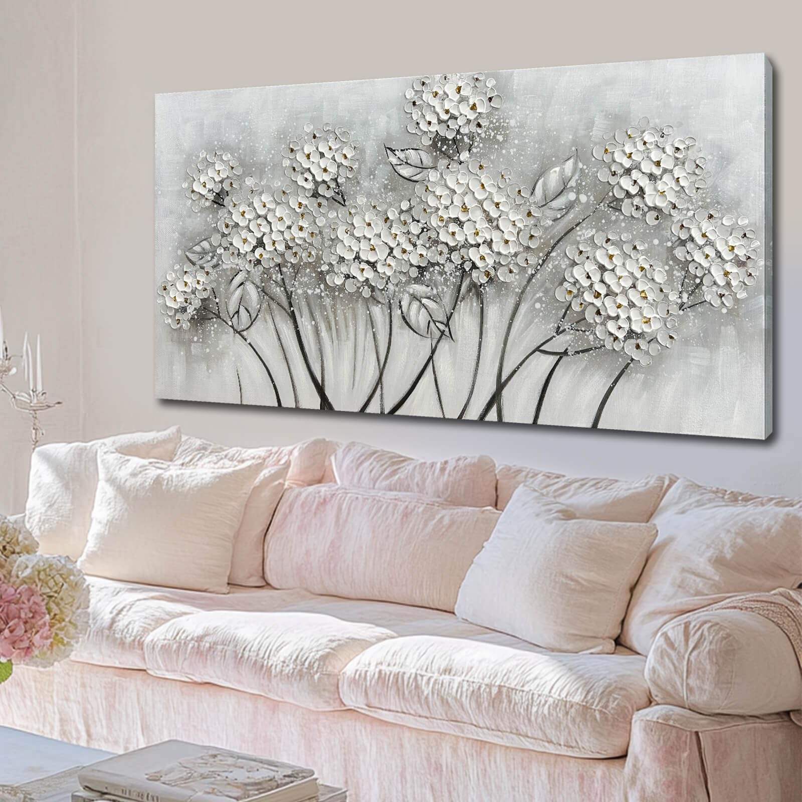 SOUGUAN Plant Wall Paintings White Floral Canvas Wall Art for Living Room Hand Painted Artwork Poster Botanical Picture Wall Decor for Home Office Decor 24x48 Inch