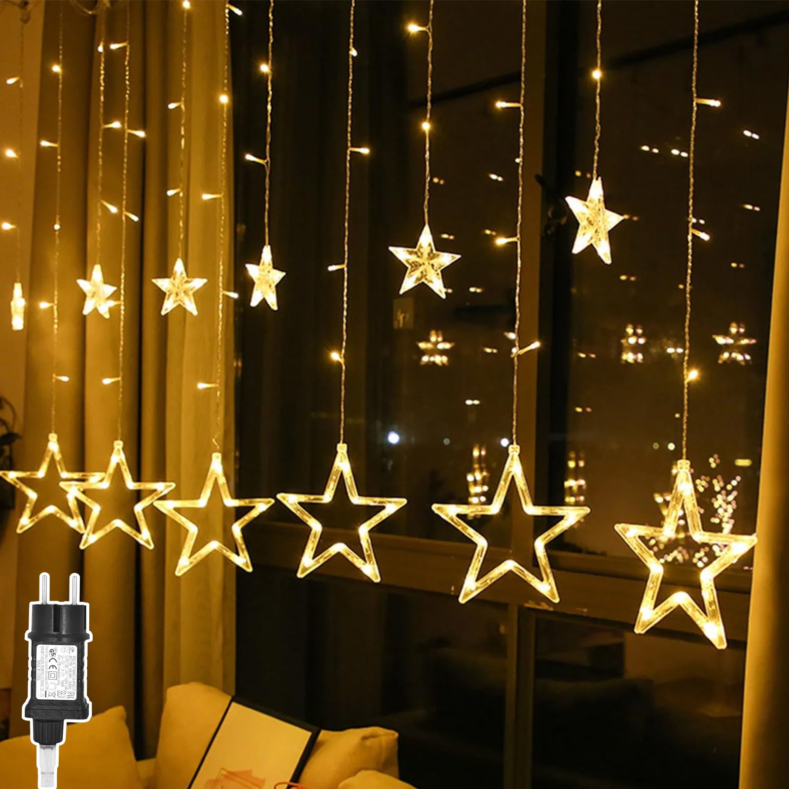 A.bigwhale Guirnaldas Luminosas Estrellas 3 M, Cortina luces con 12 Estrella, 8 modos 138 LED Cortina de Luz decoración Interior Exterior para Navidad Balcón Boda