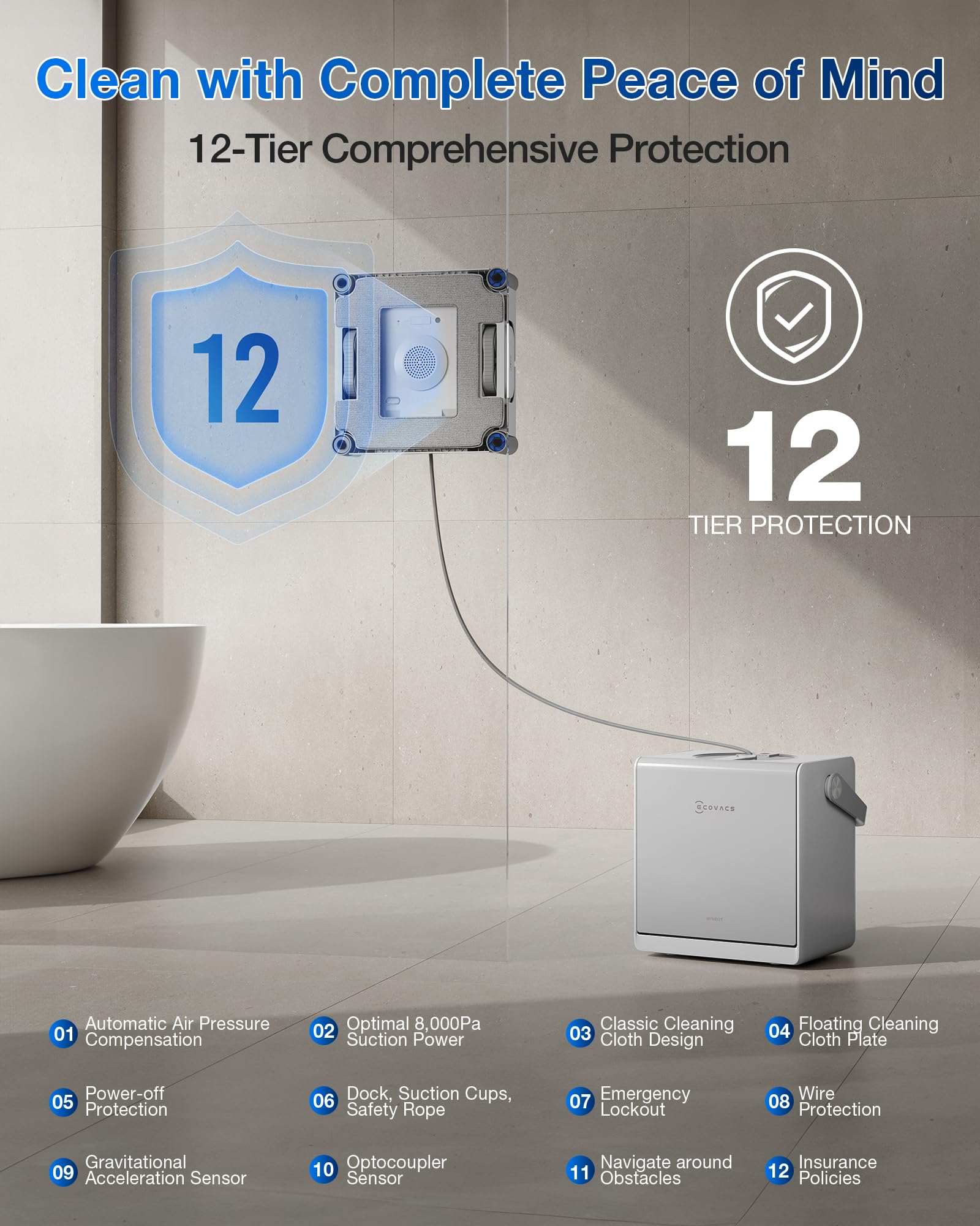 ECOVACS WINBOT W2S Omni Fensterreinigungsroboter, mit 6-in-1-Multifunktionsstation, TruEdge-zu-Rand-Präzision, dreifache Weitwinkel-Sprühdüsen, 12-stufiges Sicherheitssystem, Dual-Power-Modi