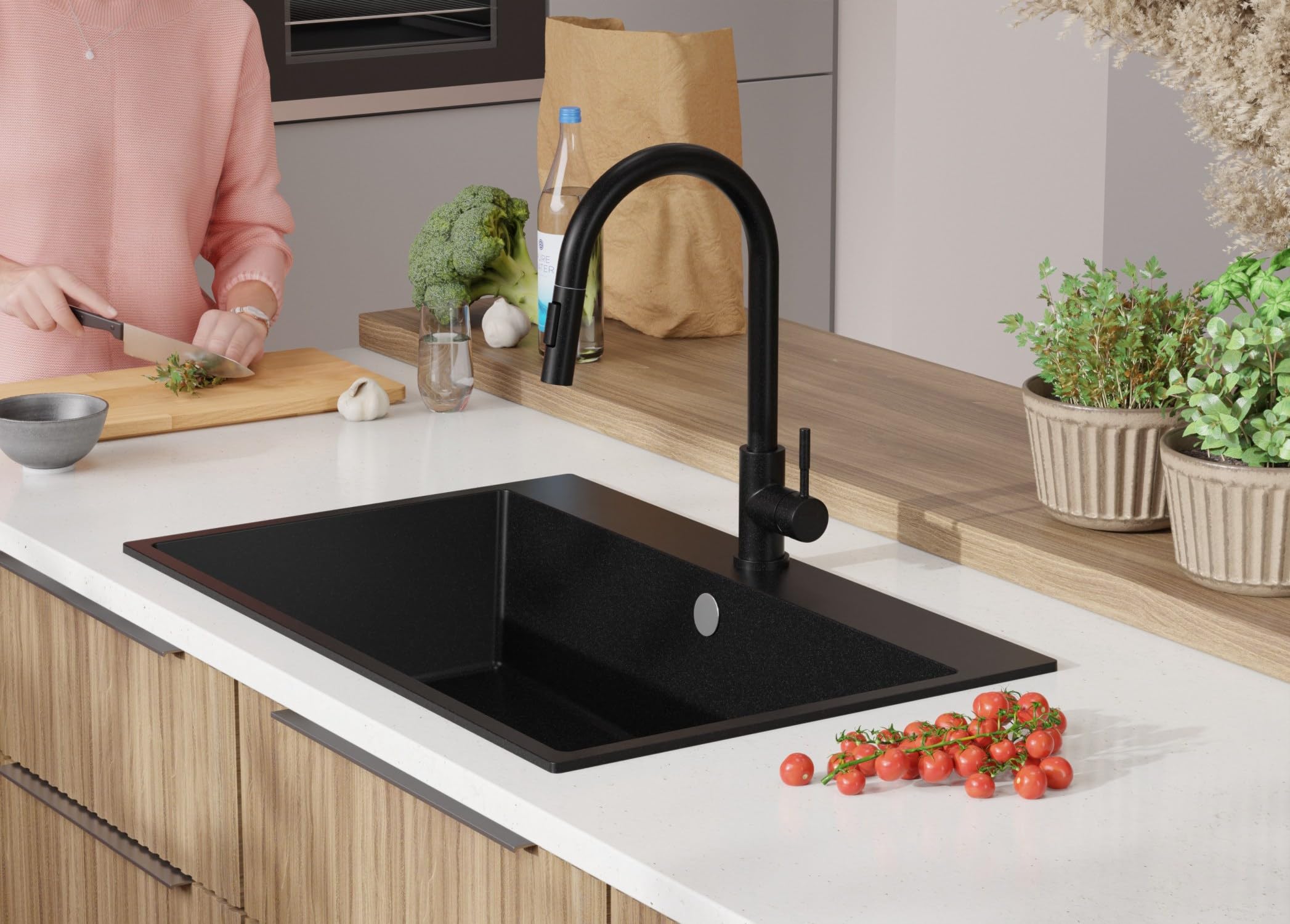 PRIMAGRAN Lavandino da Cucina Tutto Nero 78x50cm, Lavello in Granito a 1 vasca + Rubinetto 40x20cm + Set di accessori, Lavabo da Cucina Incasso al Mobile 80cm - Riga S483