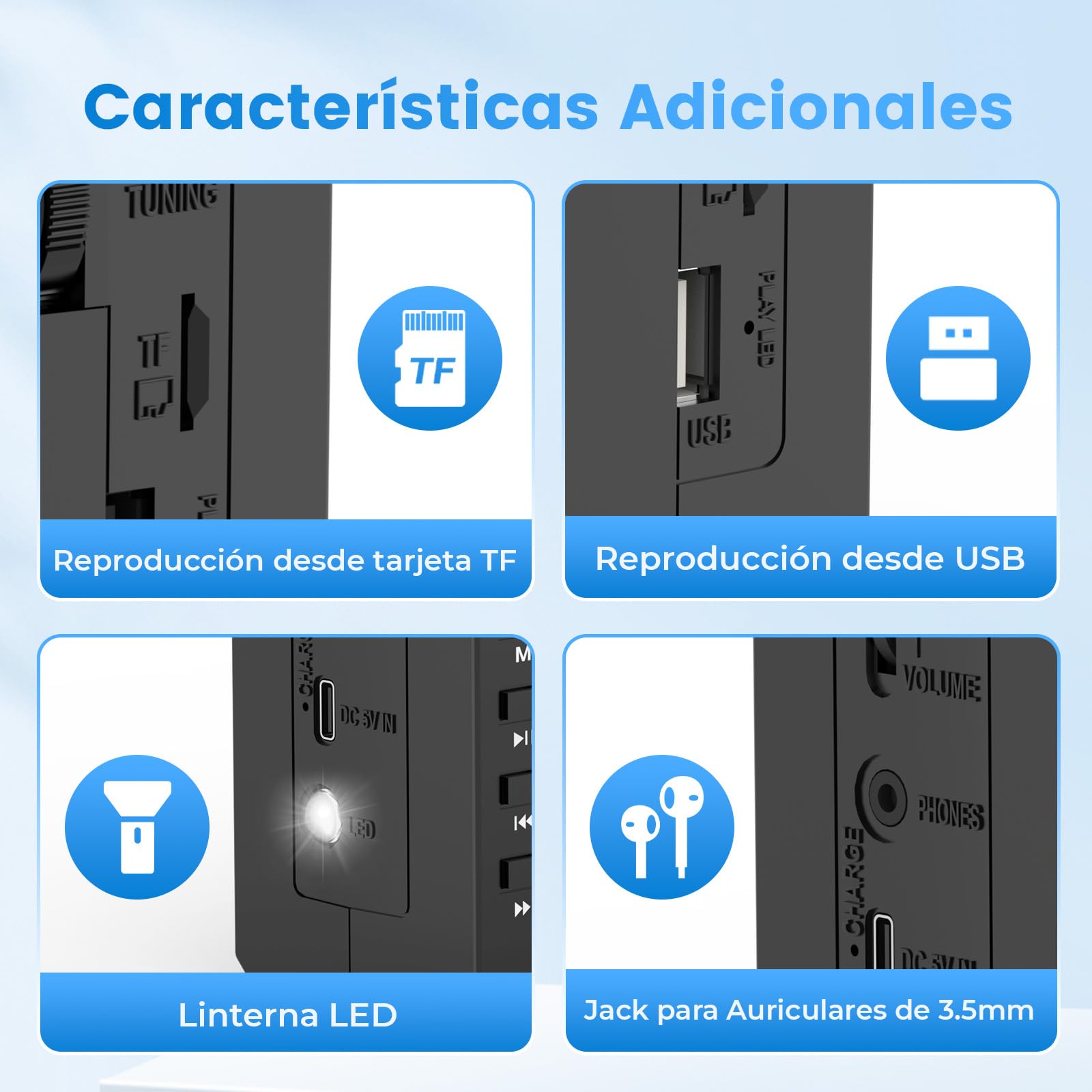 PRUNUS J-360 Reproductor Cassette con Bluetooth, Am/FM Radio Solar y Recargable, Radio Cassette Player con Toma de Auriculares, Reproductor de TF/USB.