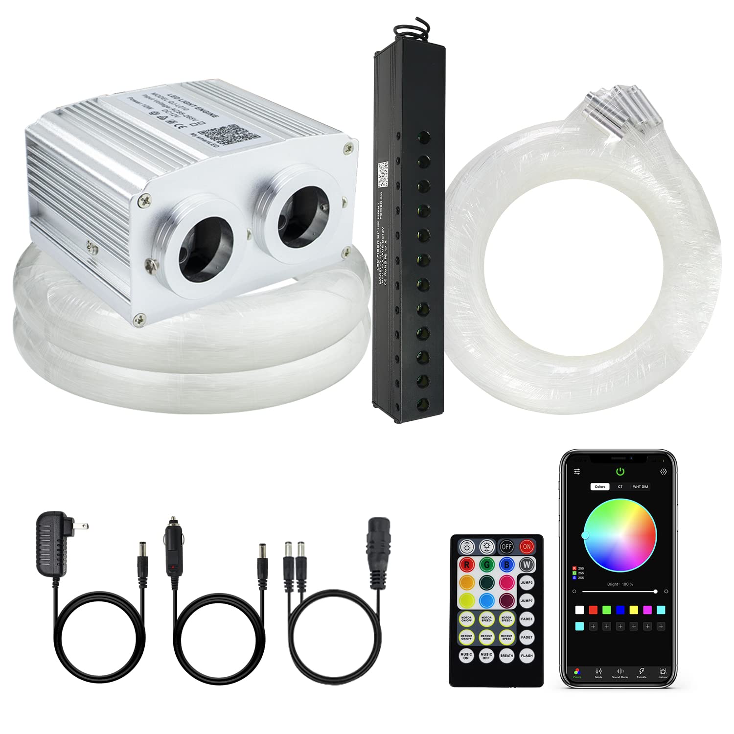 AMKIBluetooth 16W RGBW Twinkle Starlight Headliner Shooting Star 600pcs*0.03in*9.8ft Fiber Optic Star Meteor Light Kit Music Mode Sound Sensor APP Remote Control Color Changing for Indoor Car Home