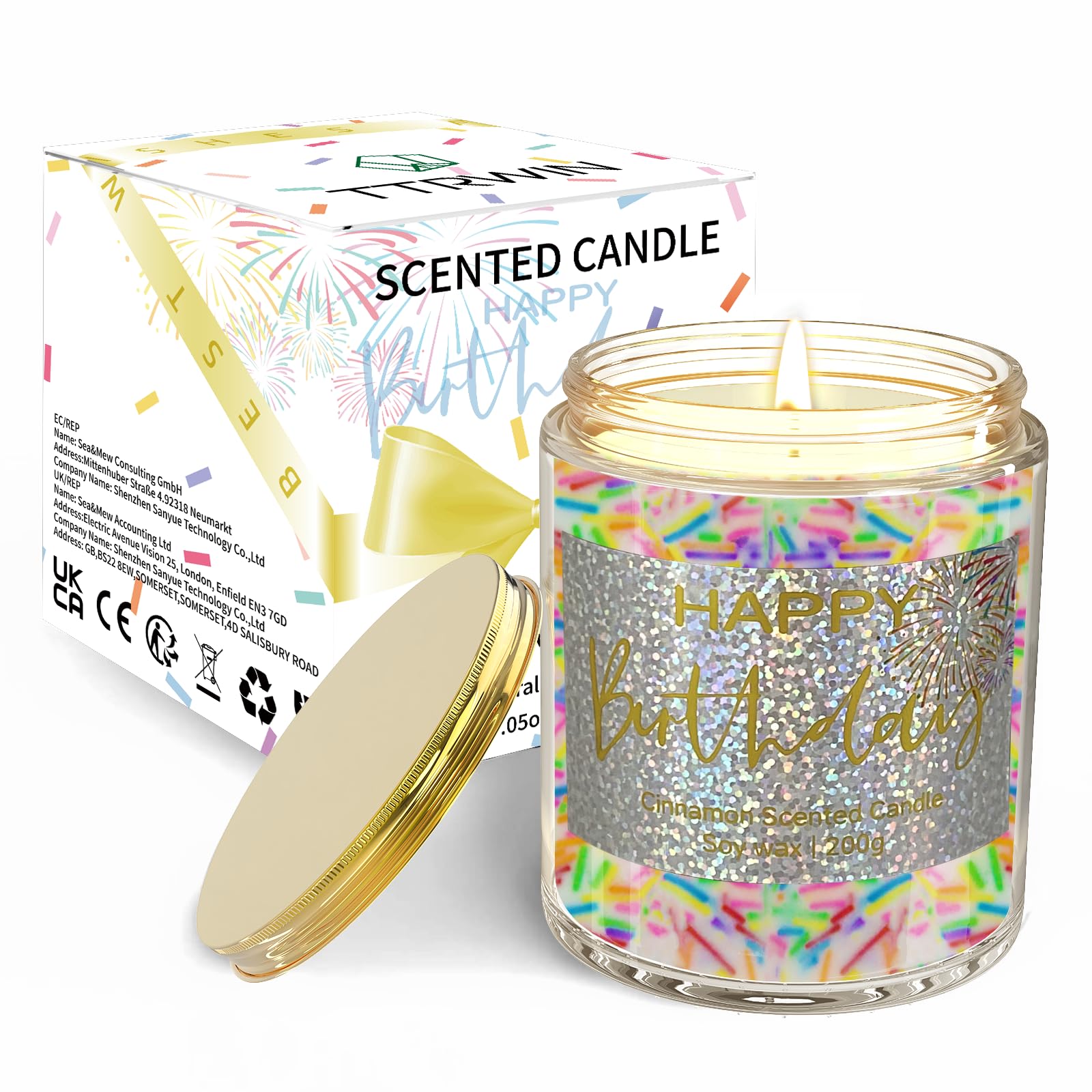 TTRWIN Cinnamon Scented Candles, Happy Birthday Candy Candle, Natural Soy Wax Candles, Long Bruning, Birthday Gift for Women Girls, 200g