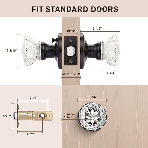 Miniatura 6 de KNOBWELL Juego de 3 pomos de puerta de vidrio estriado con rosetas de placa victoriana en bronce aceitado privacidad camabaño