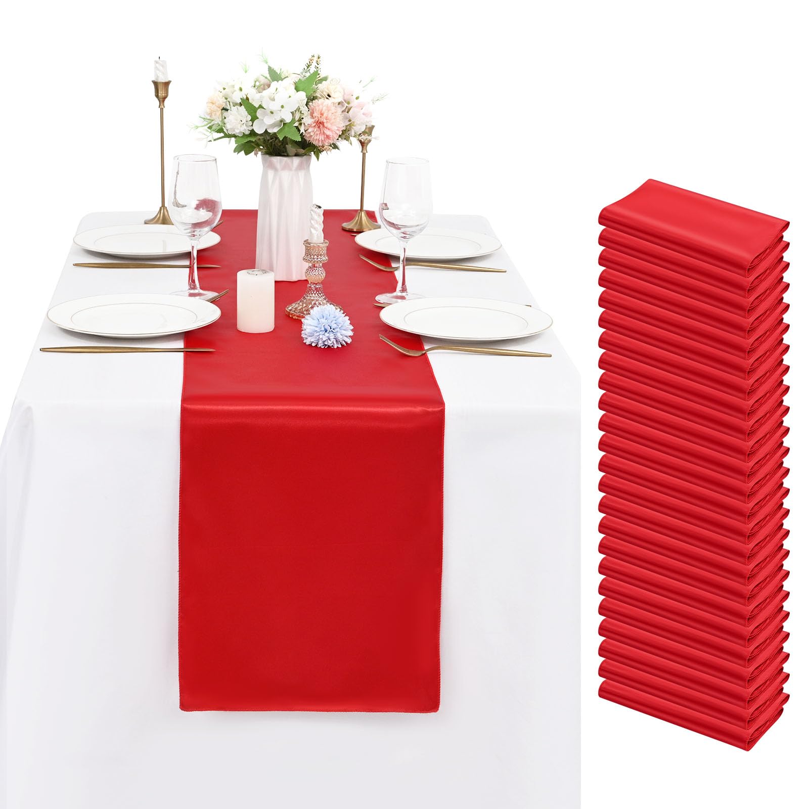 24 Packs Satin Table Runner 12 x 72 Inch, Bright Silk and Smooth Fabric Table Runners for Wedding Banquets Birthday Party Holiday Celebrations Table Decoration Reception Events-(Red)