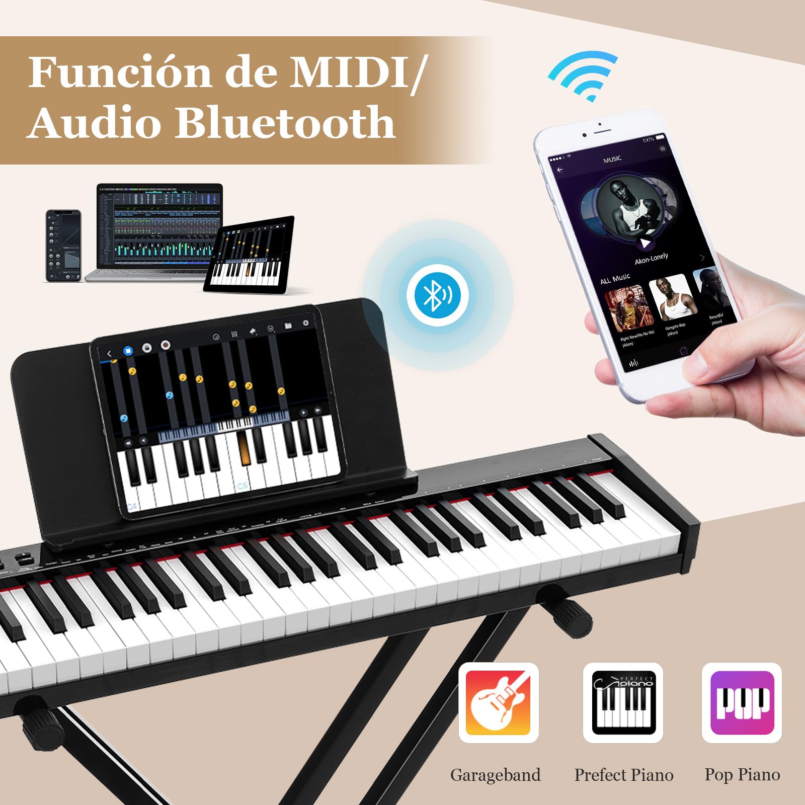 COSTWAY Teclado Electrónico de 61 Teclas con Taburete de Piano, Piano Electrico con Soporte para Teclado, Set de Piano Digital con Teclas Semi-Pesadas, Función de Audio MIDI Inalámbrica