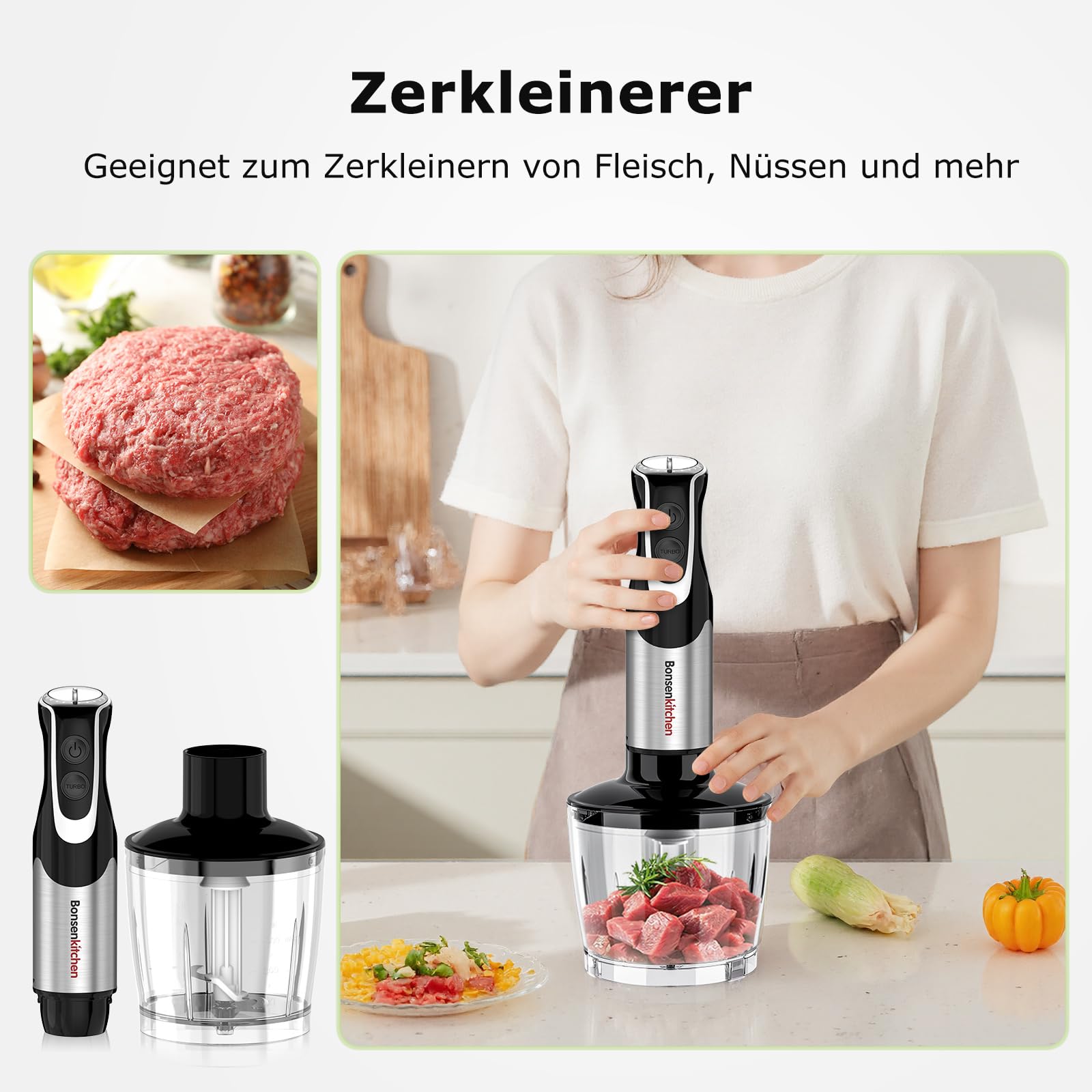 Bonsenkitchen Stabmixer 4-in-1, 1000W Edelstahl mit 12 Stufen Turbo, Schneebesen 700ml Messbecher Lebensmittelhacker, Pürierstab für Babynahrung Suppen Smoothies