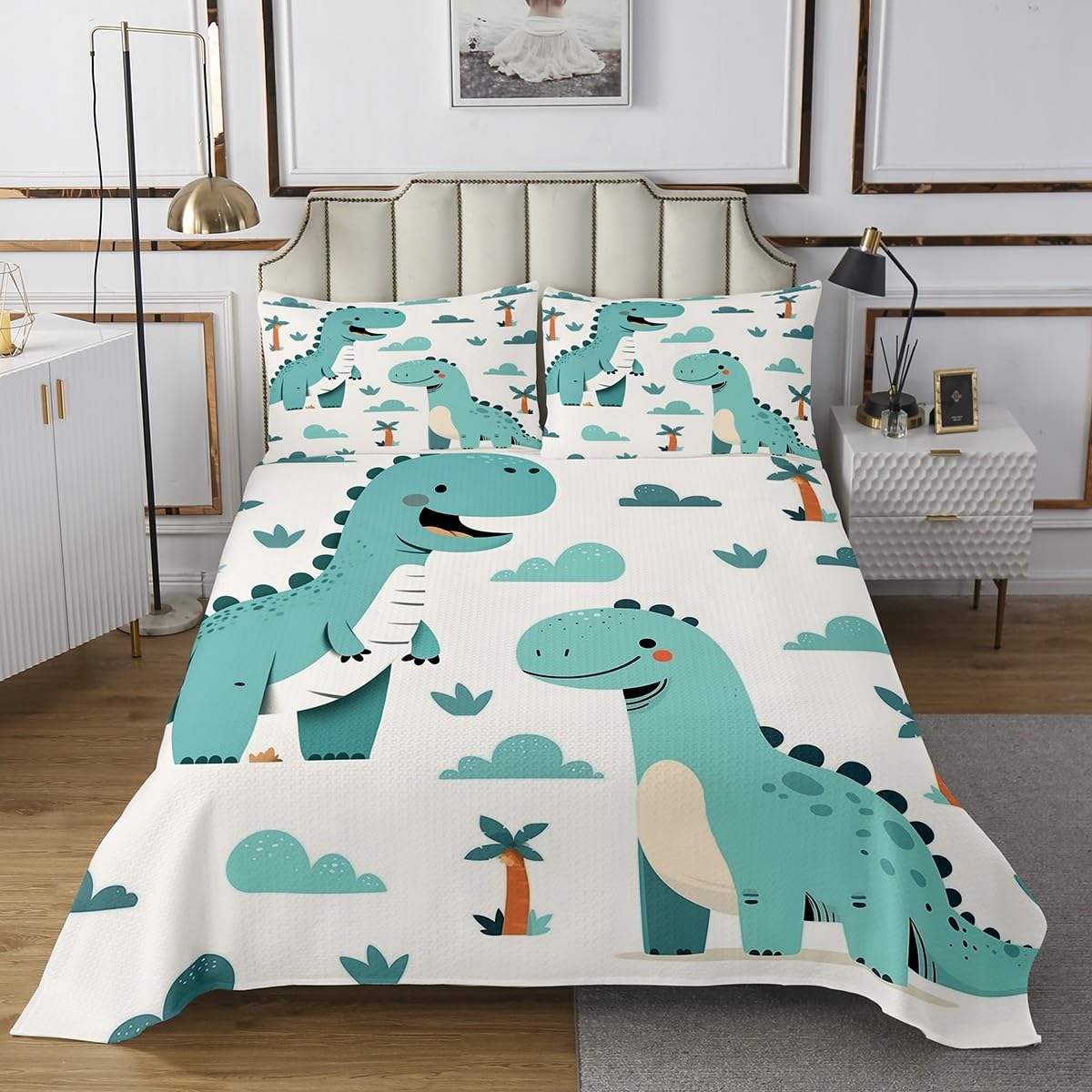 Blue Dinosaur Bedspread for Kids Boys,Cute Dino Cartoon Wild Animal Coverlet Set Bedroom Decor Soft Quilted,Kawaii Style Cloud Trees White Quilt Set with 1 Pillow Sham, Twin Size