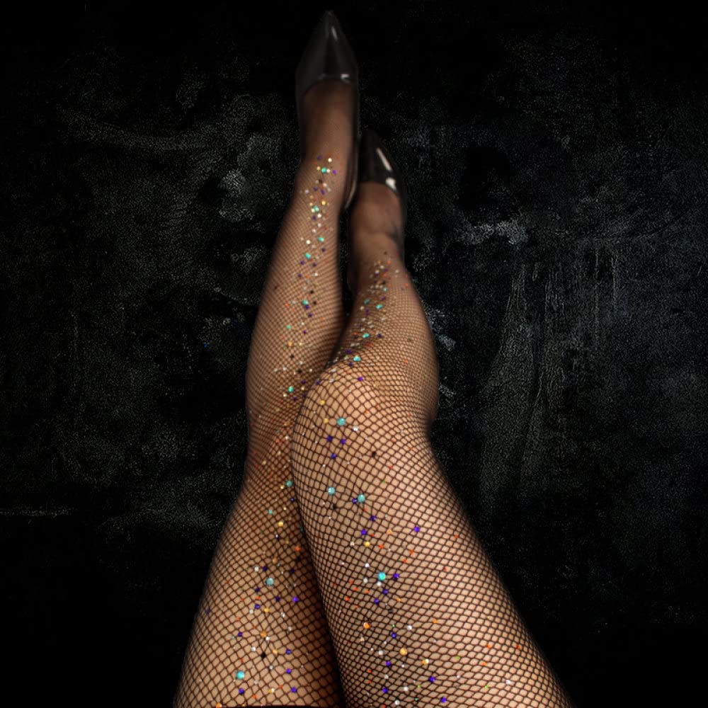 Netzstrümpfe für Damen – Sexy Damen-Strumpfhose mit Strasssteinen, glänzende Diamant-Sommer-Netzstrumpfhose, transparente Strümpfe, Bling Fashion Party (schwarz)