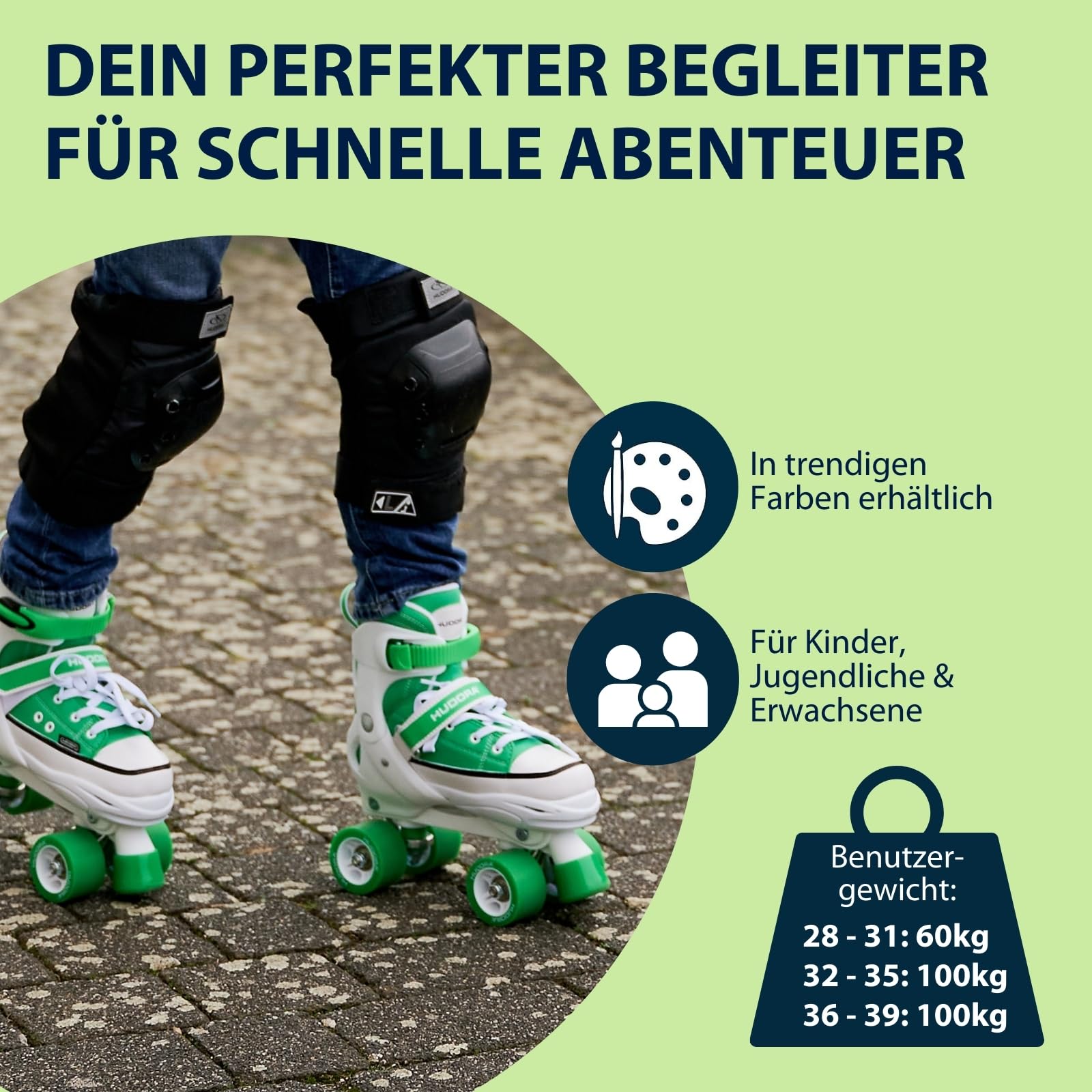 HUDORA Roller Skates Sneaker in versch. Farben & Größen - Kinder Rollschuhe über 4 Größen verstellbar - Rollschuhe für Kinder & Jugendliche - Roller Schuhe mit 4 austauschbaren Innensohlen