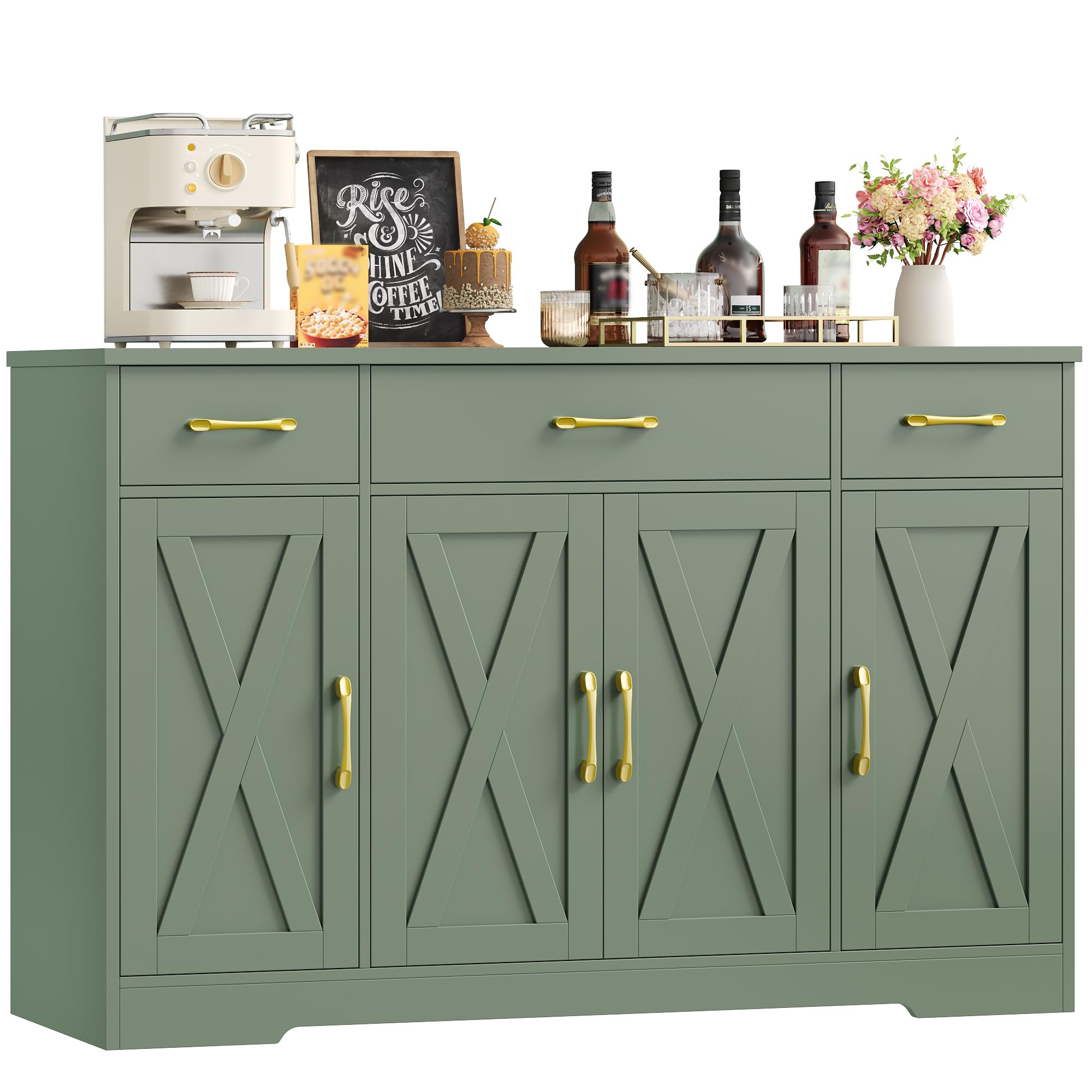 HOCSOK 140 cm Credenza Cucina, Mobile Cucina con 3 Cassetti e 4 Armadi, Buffet Mobile Moderno, Credenza Soggiorno, Mobile per Cucina Ingresso Foyer, Sala da Pranzo, Verde