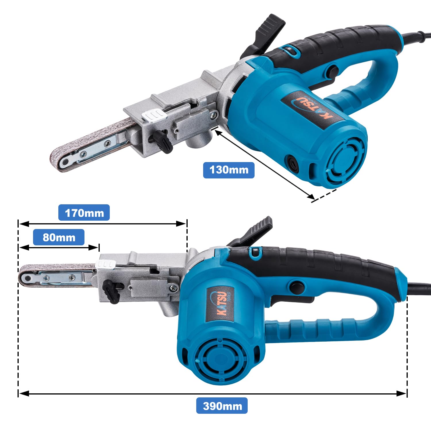 KATSU Tools Levigatrice a nastro elettrica 400 W, levigatura e lucidatura, include nastri abrasivi e sacchetto polvere