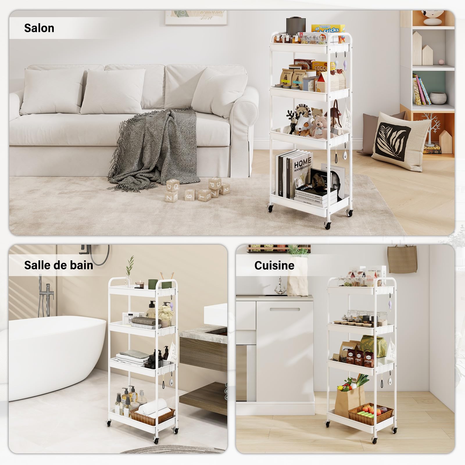 PUNCIA Chariot de Rangement en Métal Desserte à roulettes à 4 Niveaux | Chariot Cuisine avec 6 Crochets Trolley de Service Facile à Installer et à Nettoyer pour Salon Salle de Bain Bureau (Blanc)