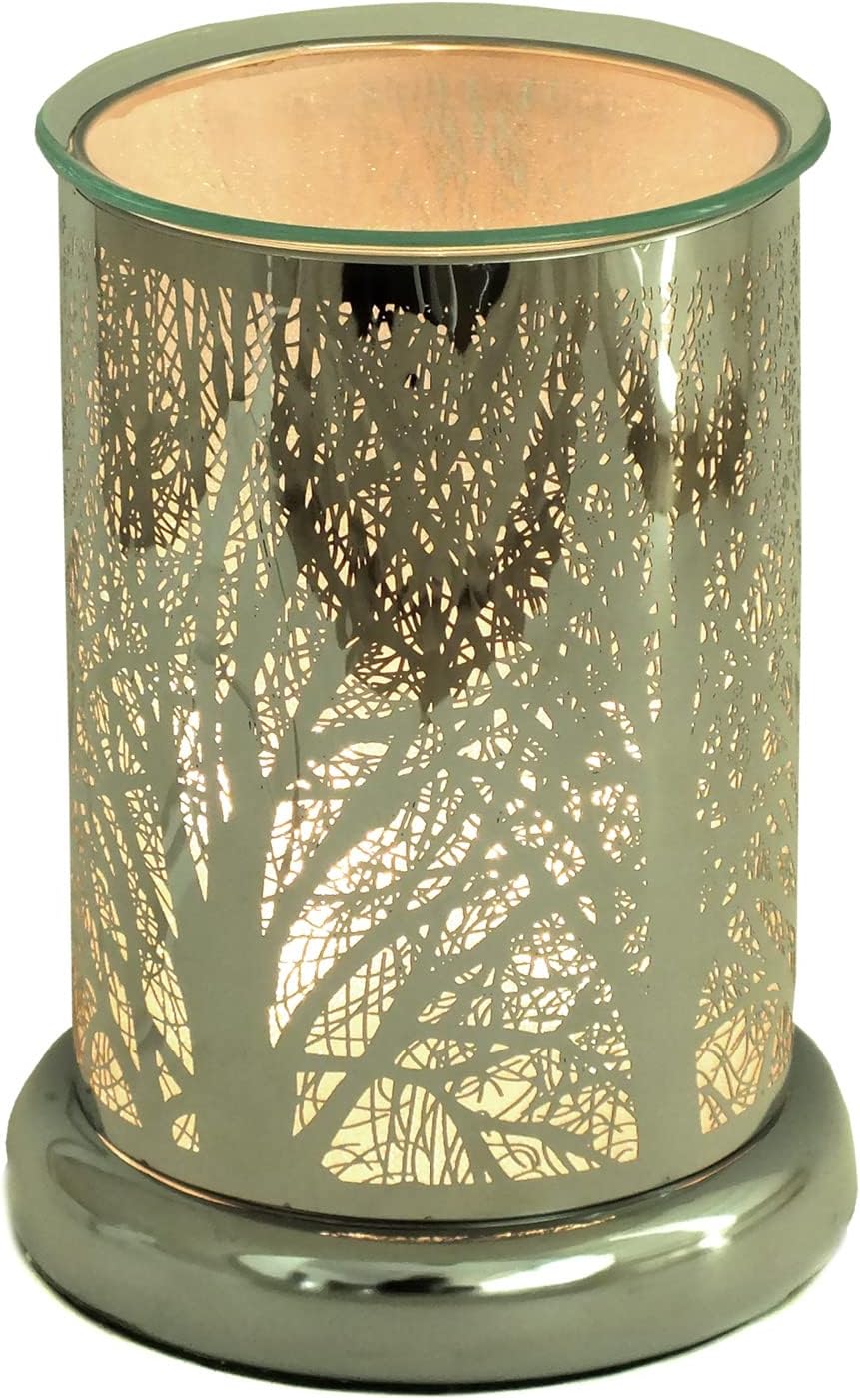 Electric Scented Oil Burner and Wax Tart Melter Aroma Fragrance Diffuser Lamp with Silver Forest Silhouette Design