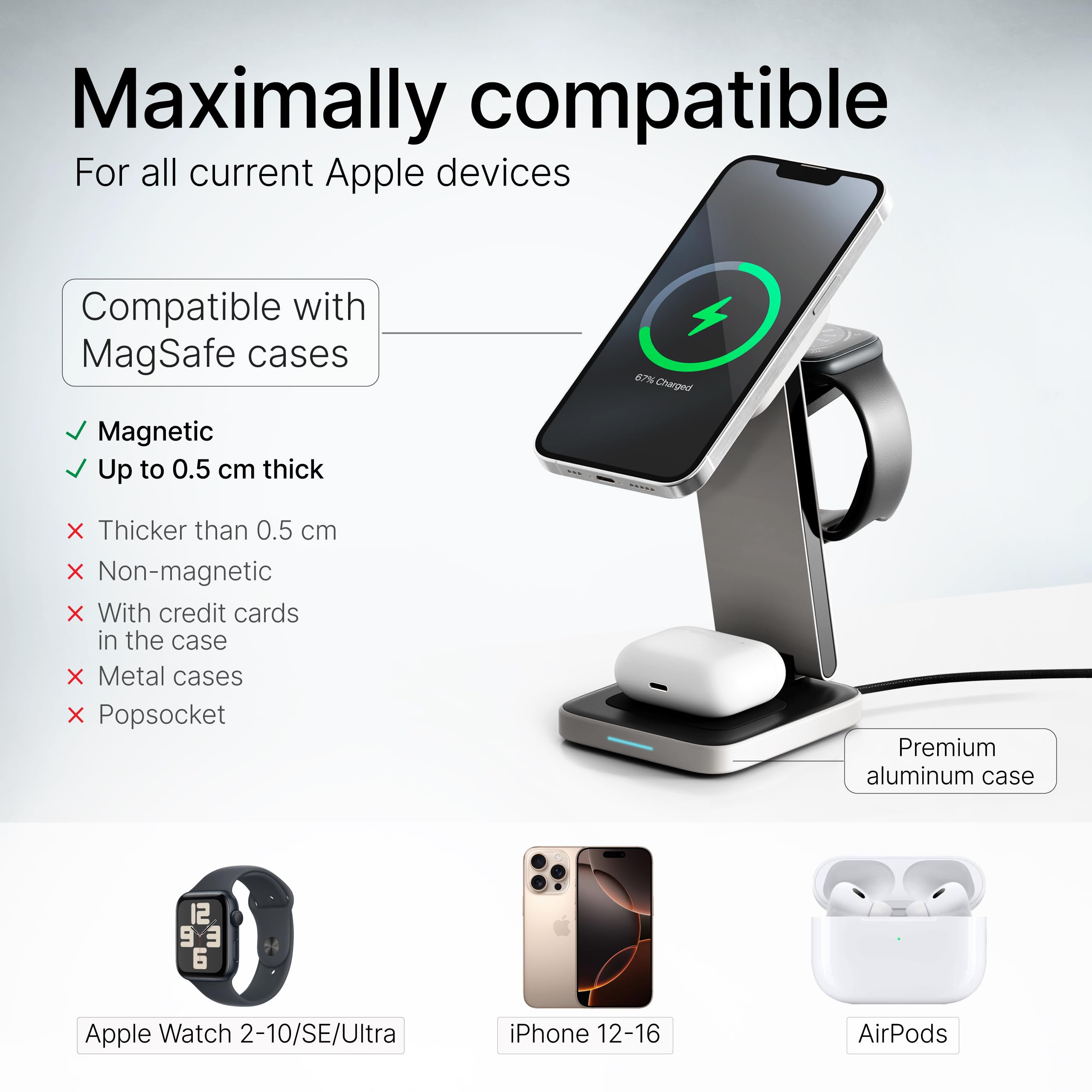 Caricatore Wireless iPhone 20W – Stazione di Ricarica Apple 3 in 1 per iPhone, Apple Watch e AirPods – Base Ricarica Pieghevole in Alluminio, Caricatore Rapido MagSafe
