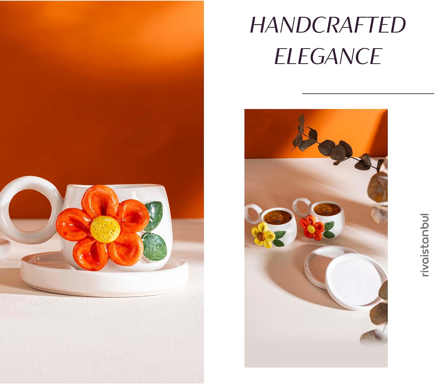 Handmade Ceramic Coffee Cup Set for Espresso & Turkish Coffee | 2-Piece Porcelain Cups with Saucers | Small Ceramic Mug Set for Tea, Cappuccino & Home Cafe Enjoyment (Colorful Daisy)