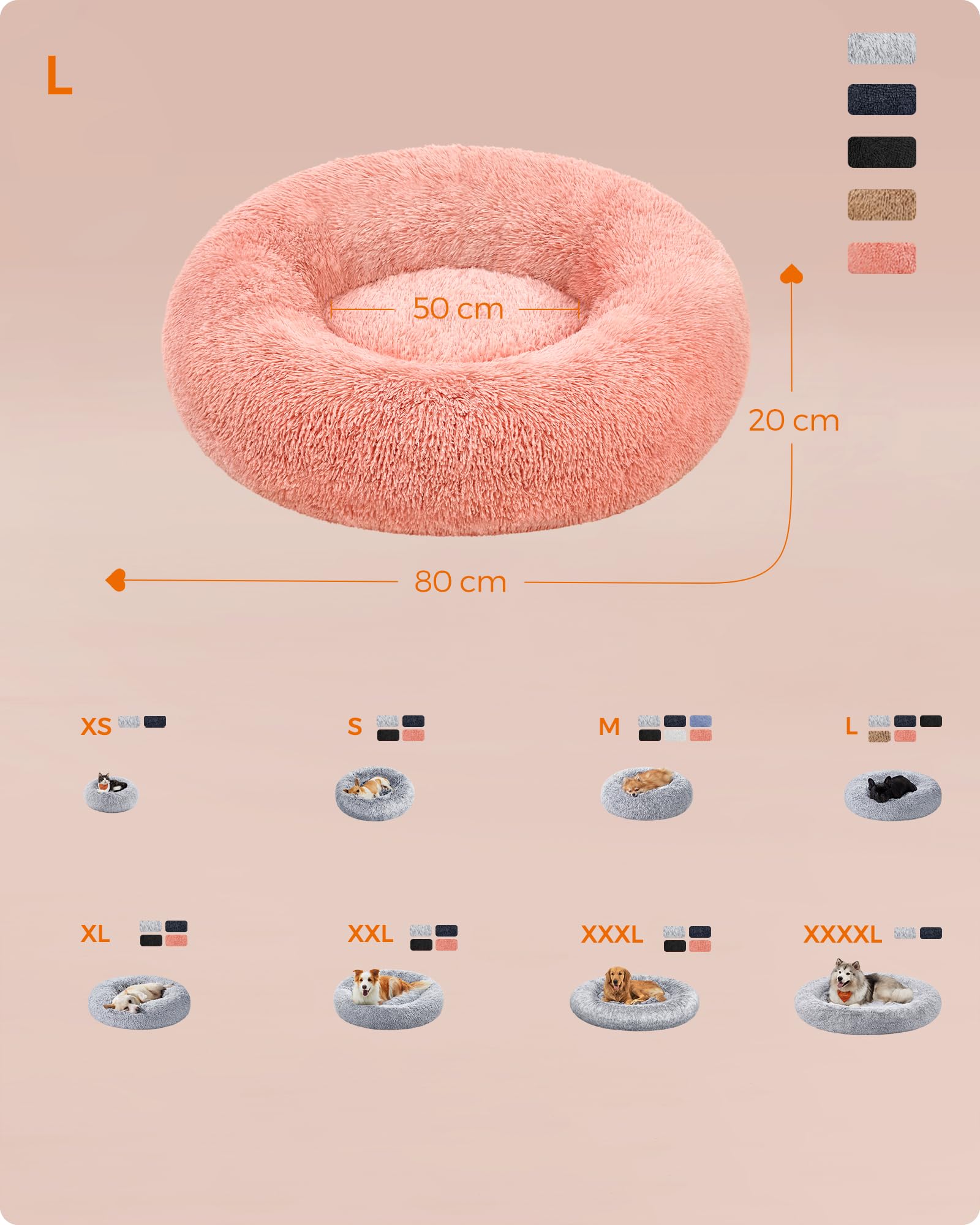 Feandrea Cuccia Cane Interno, Cuccia per Cani, Lettino per Animali Domestici a Ciambella, Cuscino Sfoderabile e Lavabile, Tappeto di Peluche, Diametro 80 cm, Rosa PGW040R01