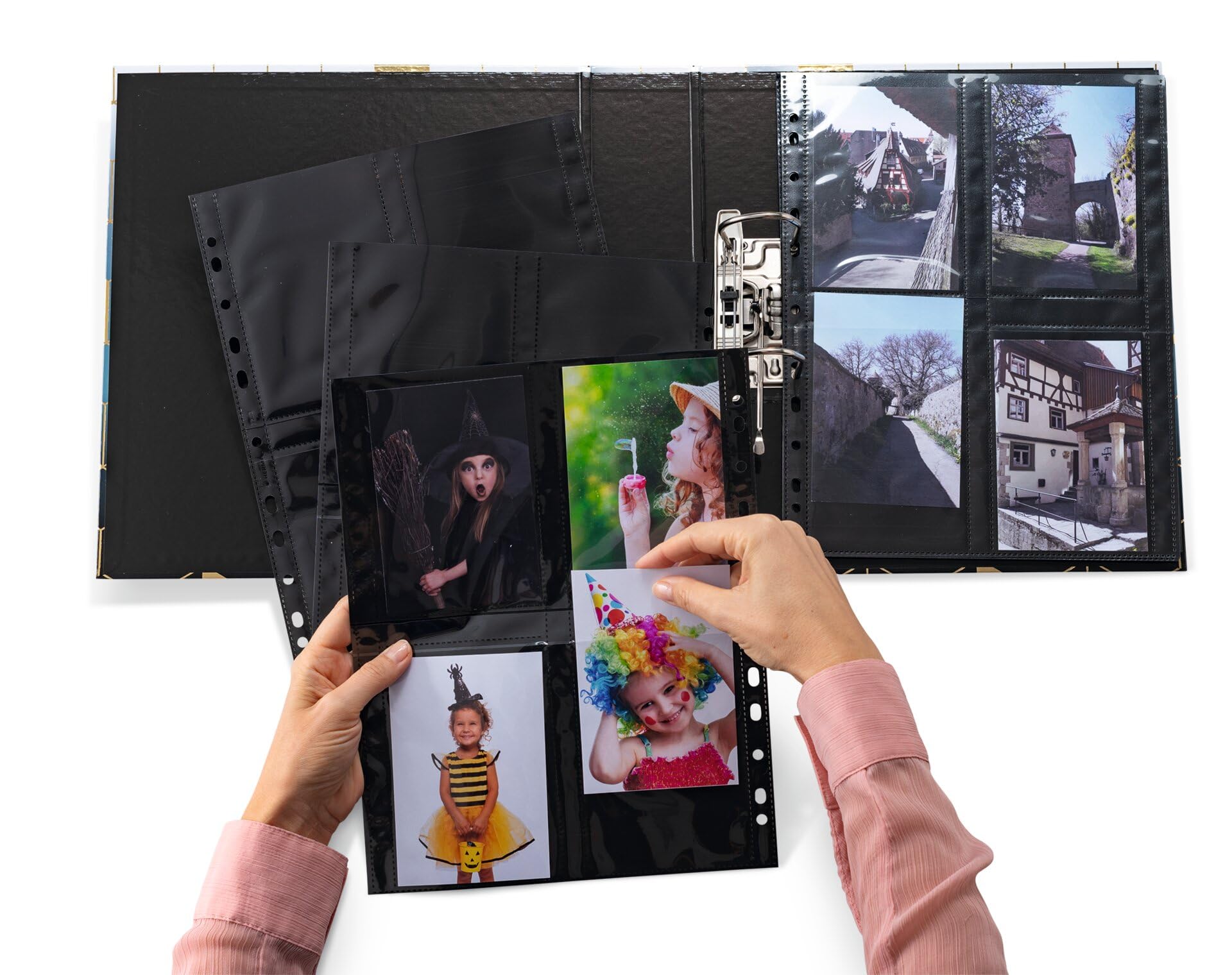HERMA 7709 Fotohüllen für Ordner, 250 Stück, 9x13 cm, 4 Fächer geteilt, beidseitig bestückbare Fotophan Fotosichthüllen Sammelhüllen Postkartenhüllen Prospekthüllen mit Eurolochung, schwarz