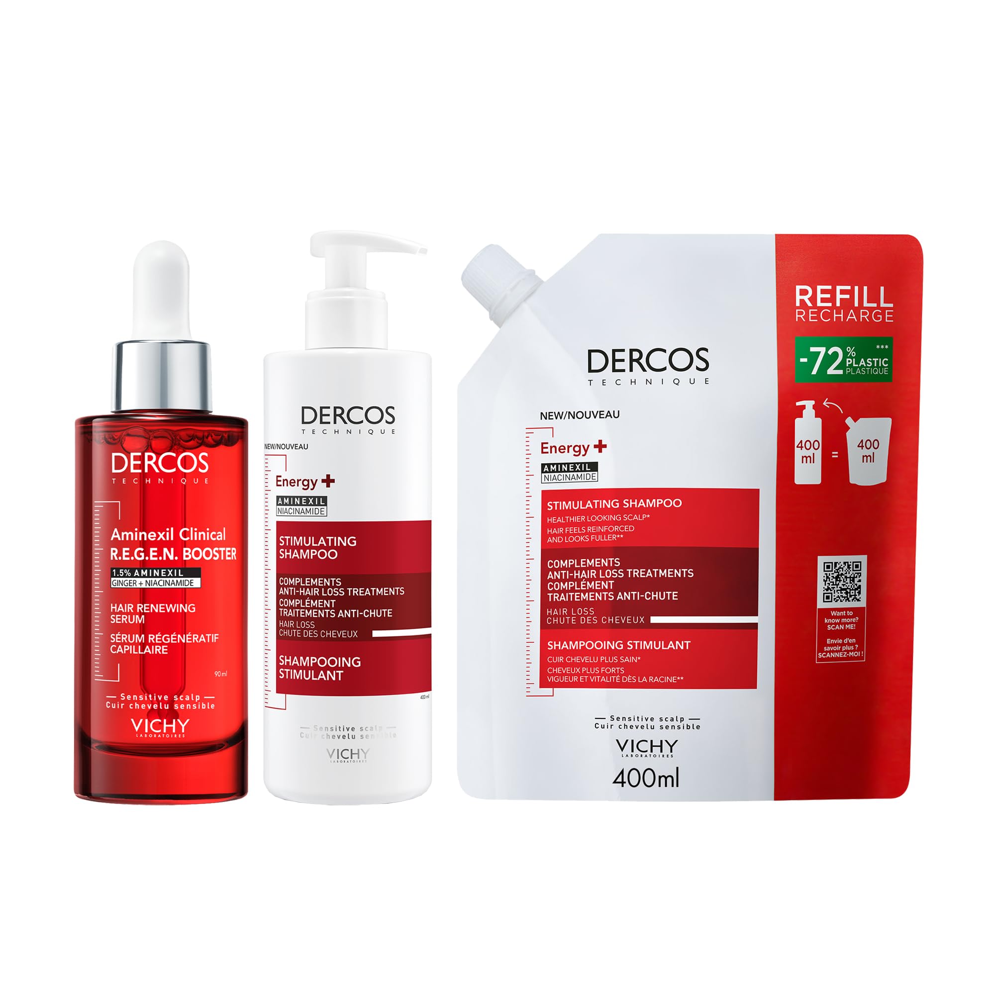 Vichy, Dercos, Routine Anti-Chute des Cheveux, Shampooing Stimulant 400ml + Éco-Recharge 400ml, Sérum Régénératif R.E.G.E.N. Booster 90ml, Enrichis en Aminexil, Lot de 3 produits