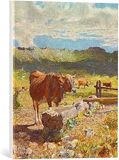 kunst für alle Quadro su Tela: Giovanni Segantini Vacca Bruna all abbeveratoio - Stampa Artistica di Alta qualità, Tela con intelaiatura in Legno, Quadro Pronto per Essere Appeso, 40x50 cm