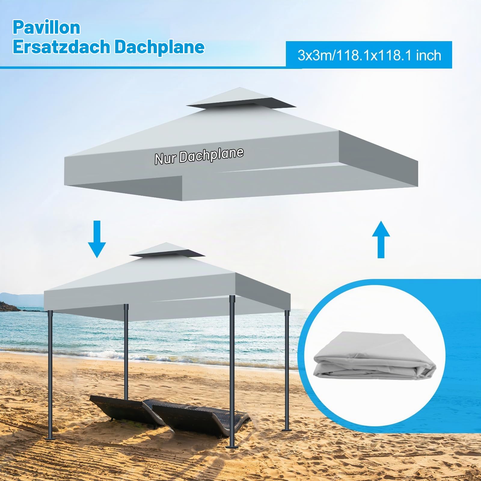 3x3m Pavillon Ersatzdach Wasserdicht Doppeldach mit Air Vent, UV-Beständig, 300D Polyester Gartenpavillon Ersatzbezug Pavillondach für Garten, Camping, Grillen (Grau)