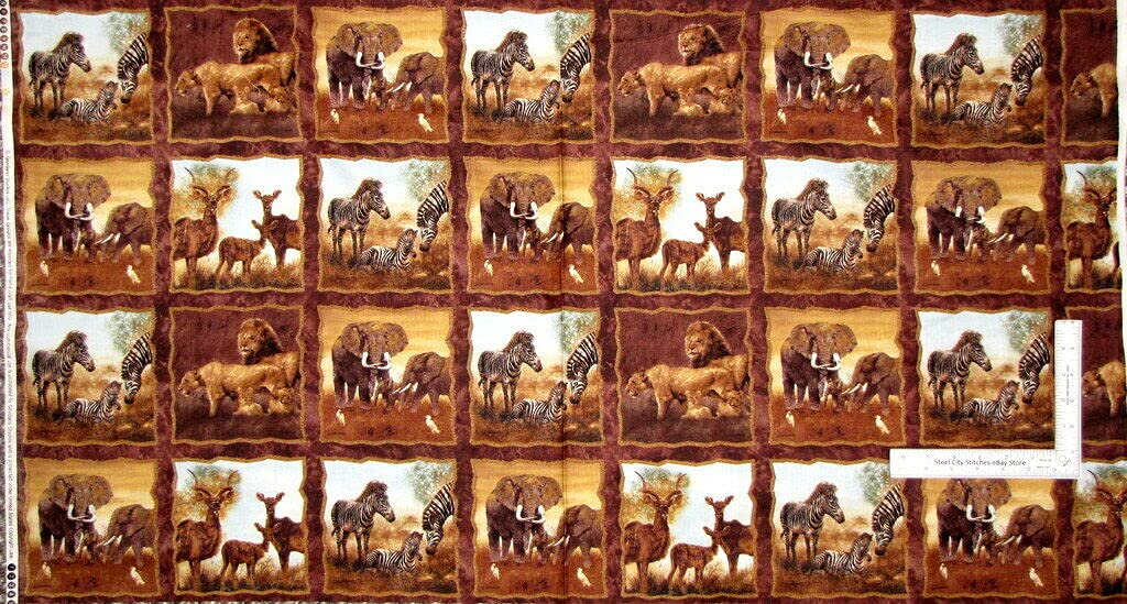 Quality Fabric Zebra Elephant Lion Impala Animals 100% Cotton Fabric Plains of Africa 24x44 Panel