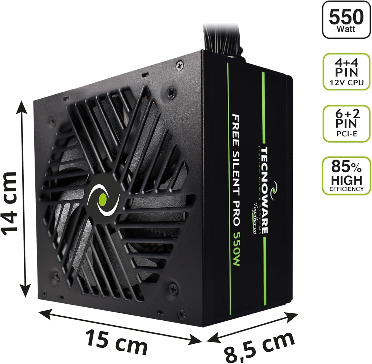 Tecnoware Alimentation Free Silent Pro 550 pour PC Avancés avec Carte Graphique NVIDIA GeForce GTX - RTX, Ventilateur Silencieux, connecteurs PCI-E, CPU 4+4, SATA, Molex.