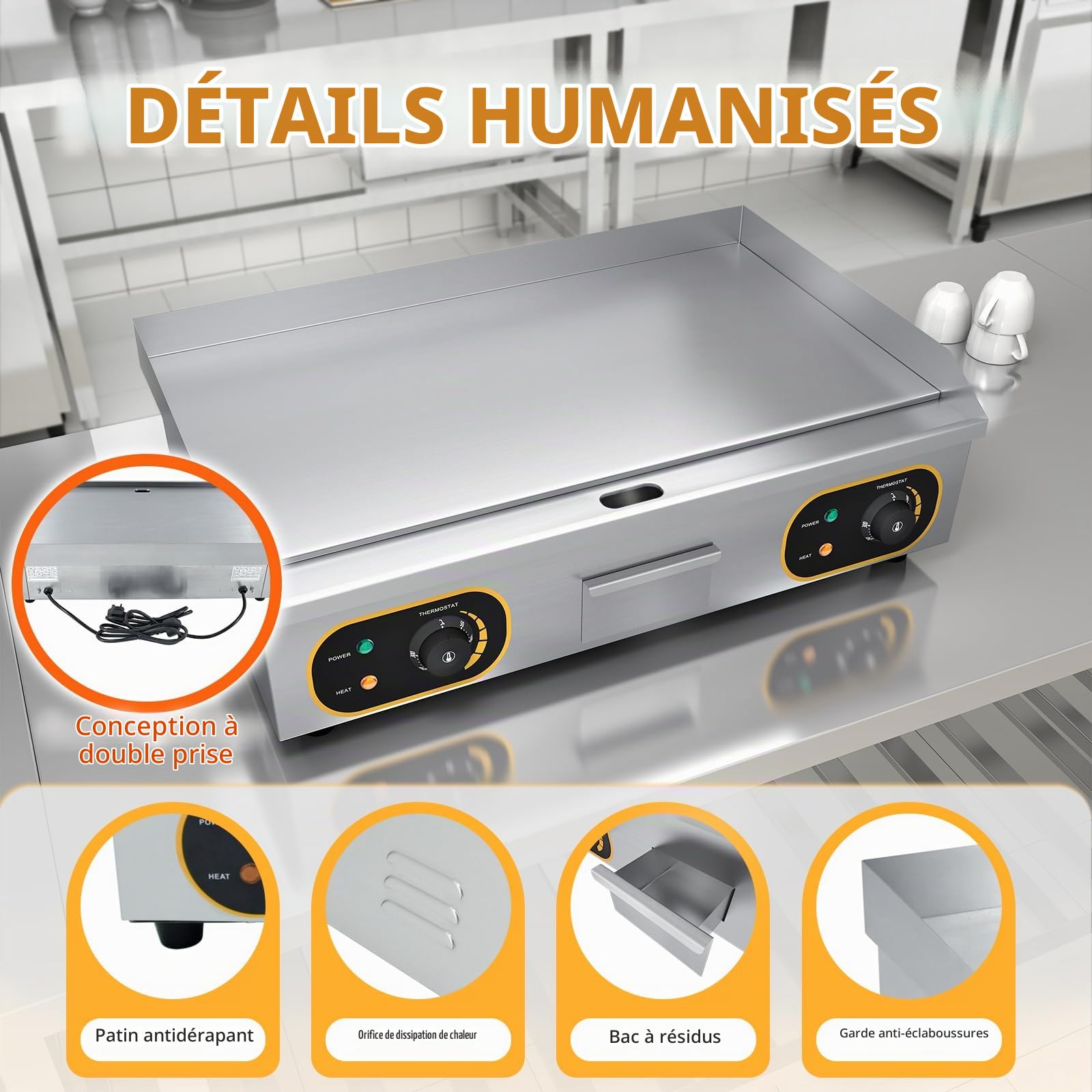 Plancha Électrique Professionnelle Inox 4400W De Gril En Le Fer 73 * 43cm, Thermostat 50 À 300°C, 2xThermostat, 2 Prises (Entièrement Lisse)