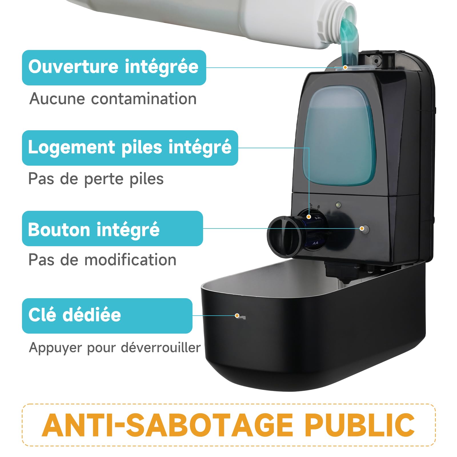 AIKE 1000 ML Distributeur De Savon Automatique Mural, Public Et Commercial | Conception Anti-effraction,Réglage En 5 Niveaux, Autonomie De 3 Mois, Adapté Aux Centres Commerciaux, Hôpitaux Et Usines
