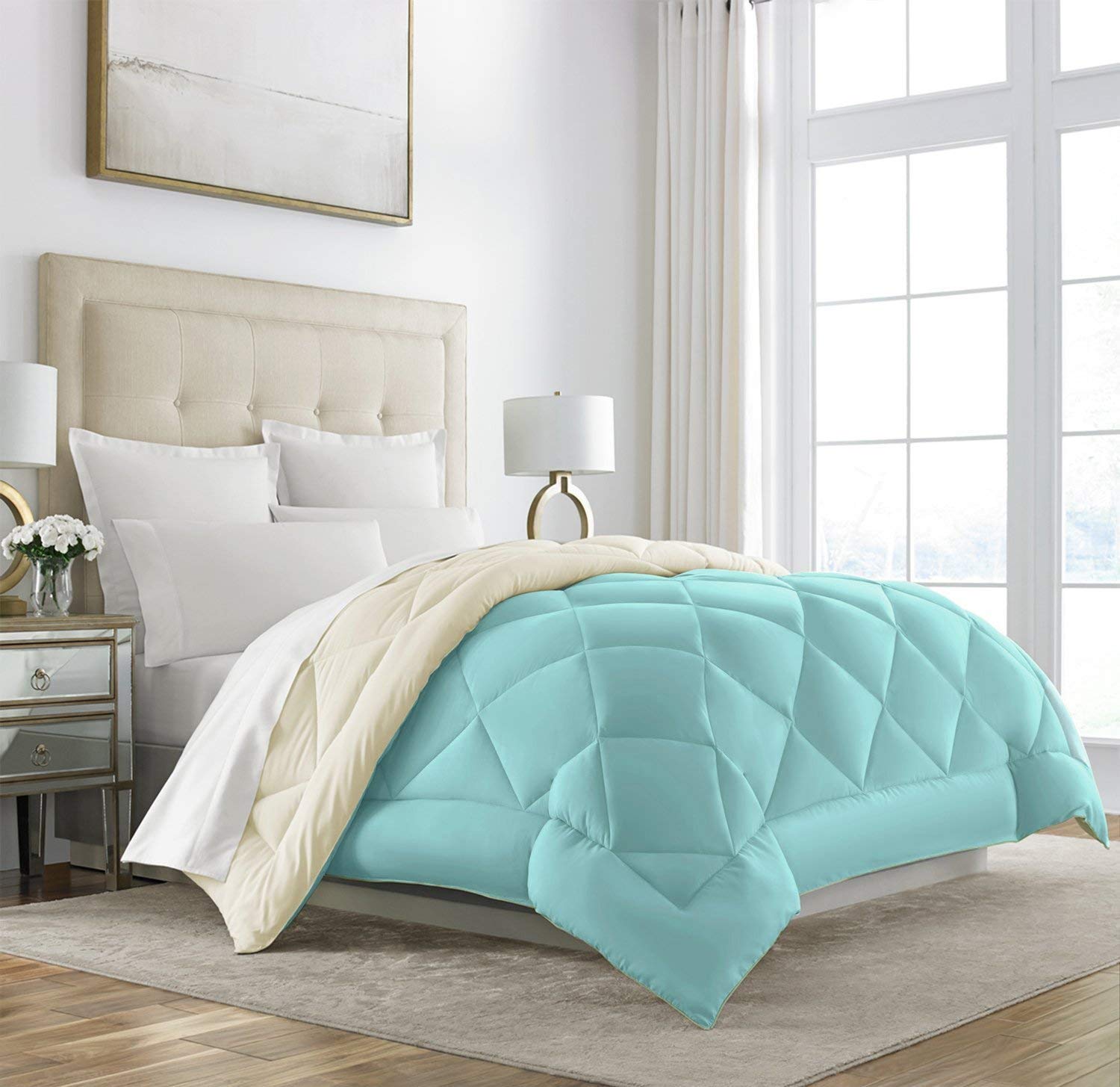 AMZMicrofibre 999 Tc Reversible Comforter (Turquoise & Beige_King)