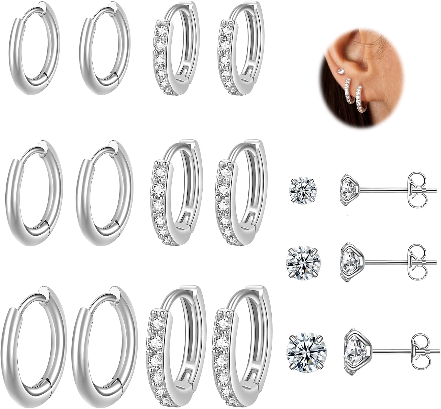 9 Pairs Small Silver Huggie Hoop Earrings Set for Women,Surgical Steel Hypoallergenic Cubic Zirconia Stud Earrings Cartilage Multiple Piercing for Women