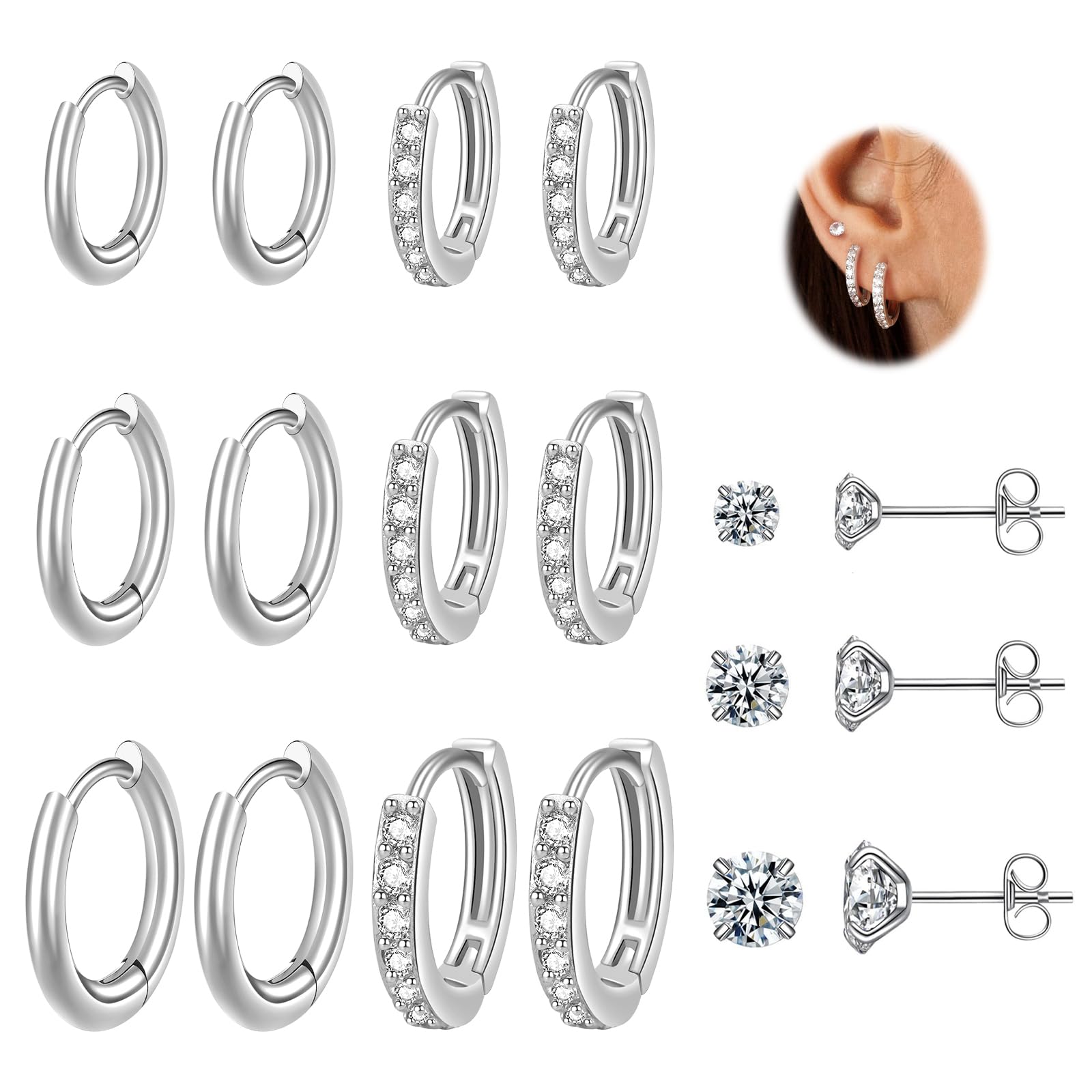 9 Pairs Small Silver Huggie Hoop Earrings Set for Women,Surgical Steel Hypoallergenic Cubic Zirconia Stud Earrings Cartilage Multiple Piercing for Women-image-11