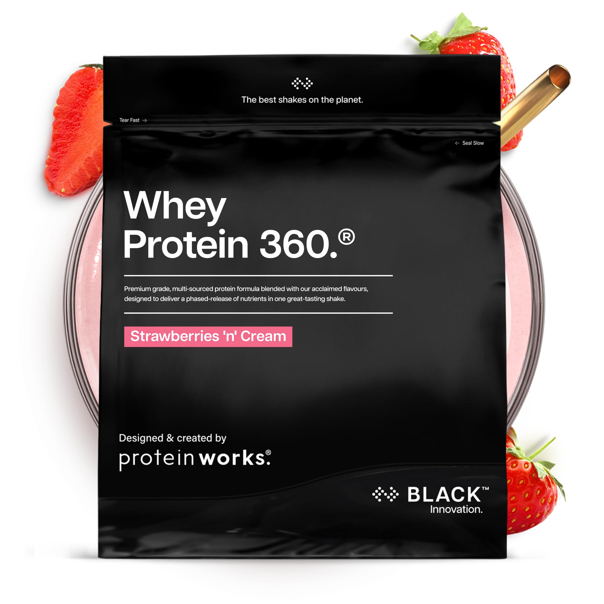 Protein Works | Whey Protein 360 - Black Innovation, Whey Protein Powder, Premium-Grade, Tri-Protein Blend, No Added Sugar, Complete Amino Acid Profile, Strawberries 'n' Cream, 40 Servings, 1.2kg