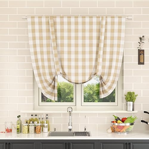 Miniatura 71 de Cortina ajustable con cenefa para ventana de cocina Buffalo Check, a cuadros, gingham, estilo granja, con bolsillo para barra, para baño, 42 x 45