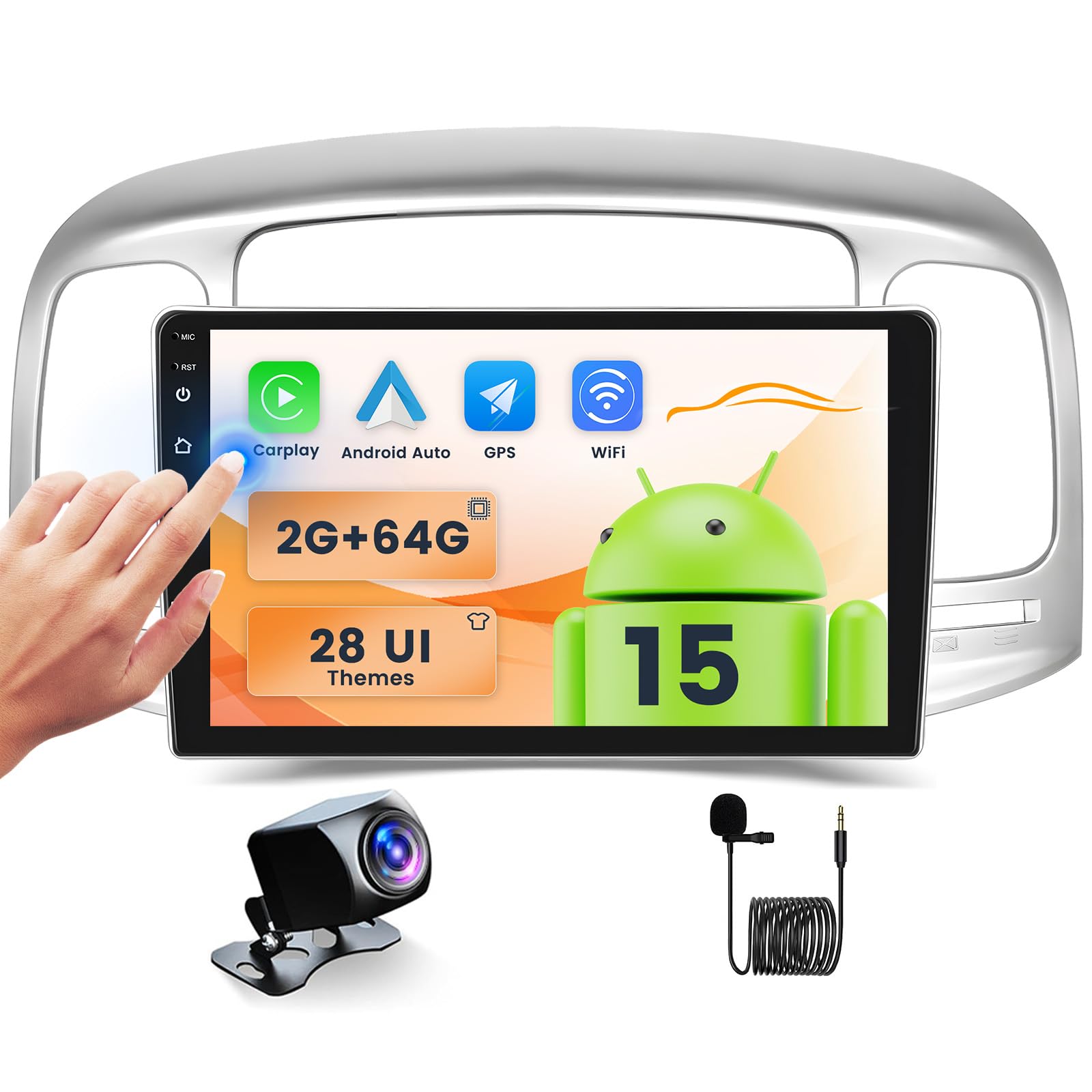 2+64GB Android Car Stereo for Hyundai Accent 2006-2011 Wireless Carplay Android Auto, 9 Inch Touchscreen Car Radio GPS Navi WiFi Bluetooth Backup Camera FM RDS Radio EQ SWC