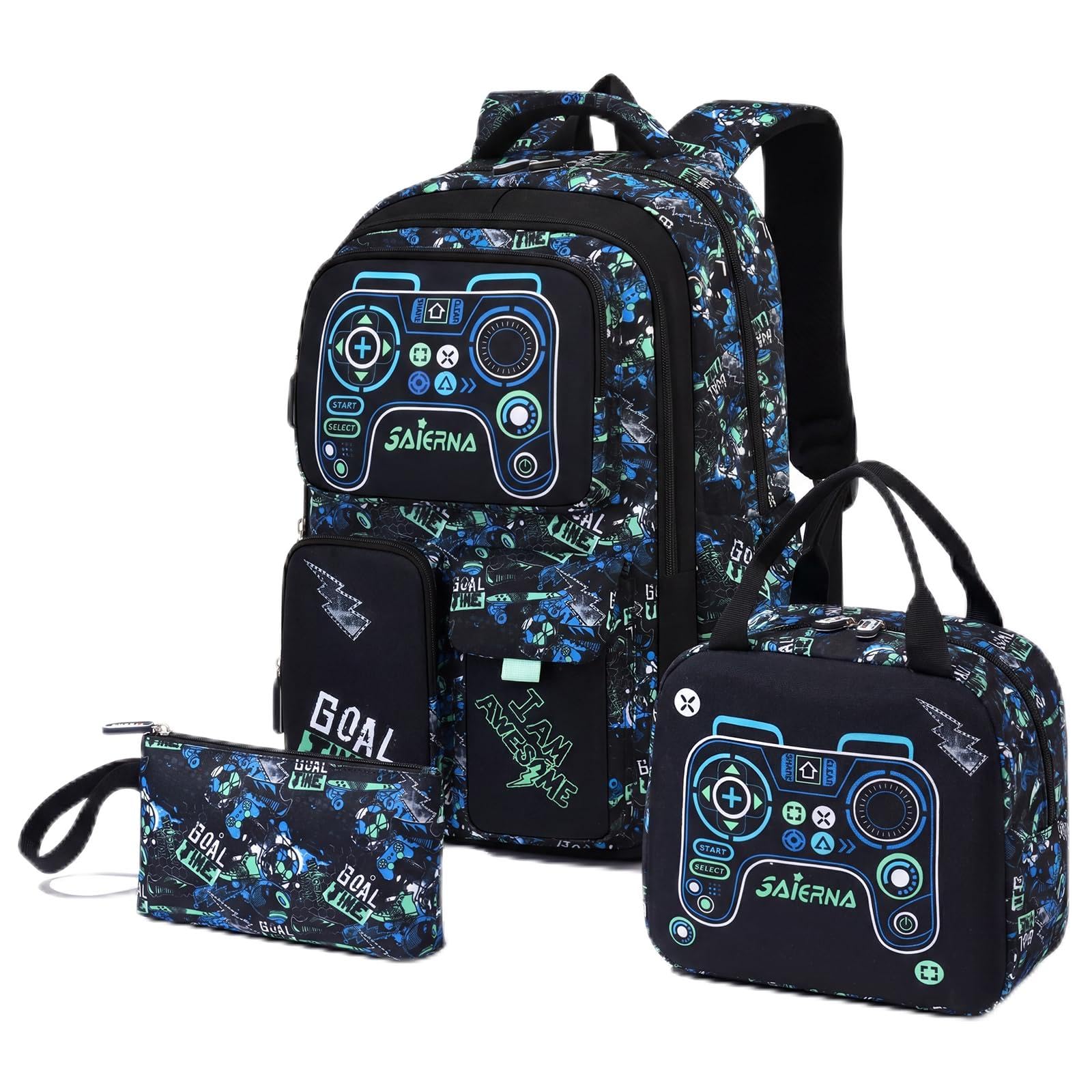 Amythe Mochila Escolar Niños Clases de 3 a 9 3 piezas Grande Set, Negro | 3 piezas Impermeable Correa Pectoral Compartimento Laptop Negro Daypack Multi-Bolsillos Espacioso Resistente para Colegio