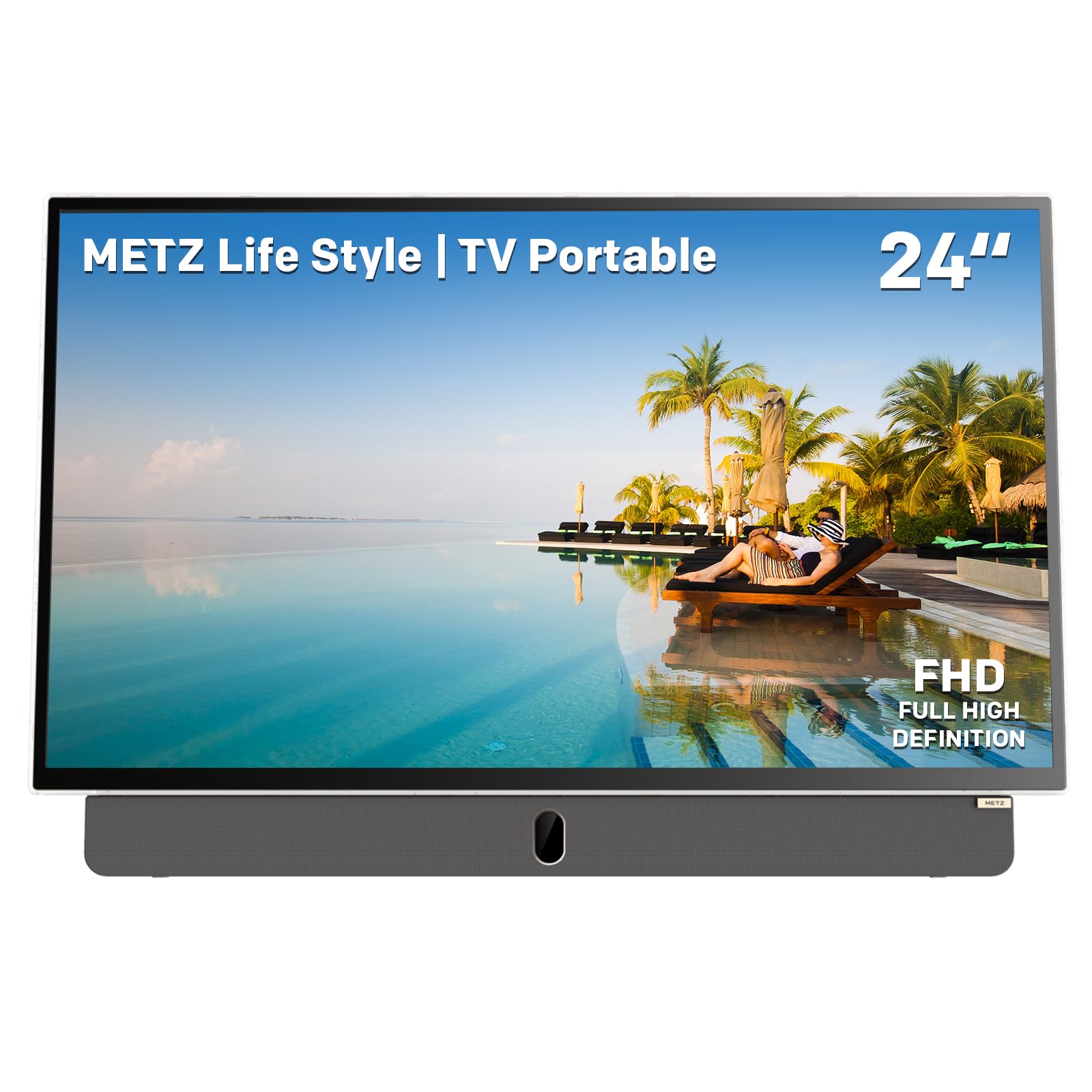 Metz TV Portable 24 Pouces (60 cm) Smart Google TV FHD Avec Batterie Intégrée Poignée HDR 10 Chargeur Voiture 12V Ecran Anti-​reflet Dolby Audio HDMI USB Bluetooth Wi-​FI (24MPE7000 Blanc)